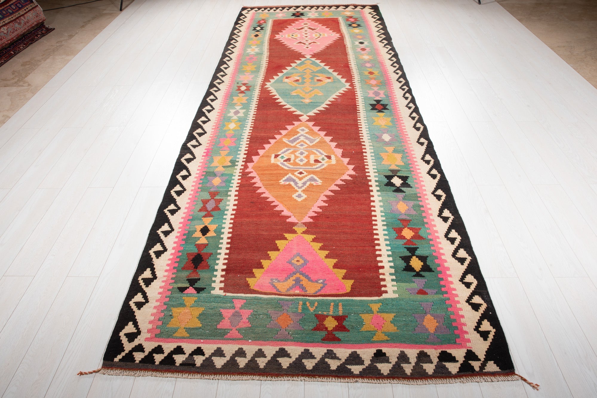 Handwoven Vintage Wool Kilim Rug – 13' 3" x 4' 10" (405 × 146 cm) - Yasi & Fara