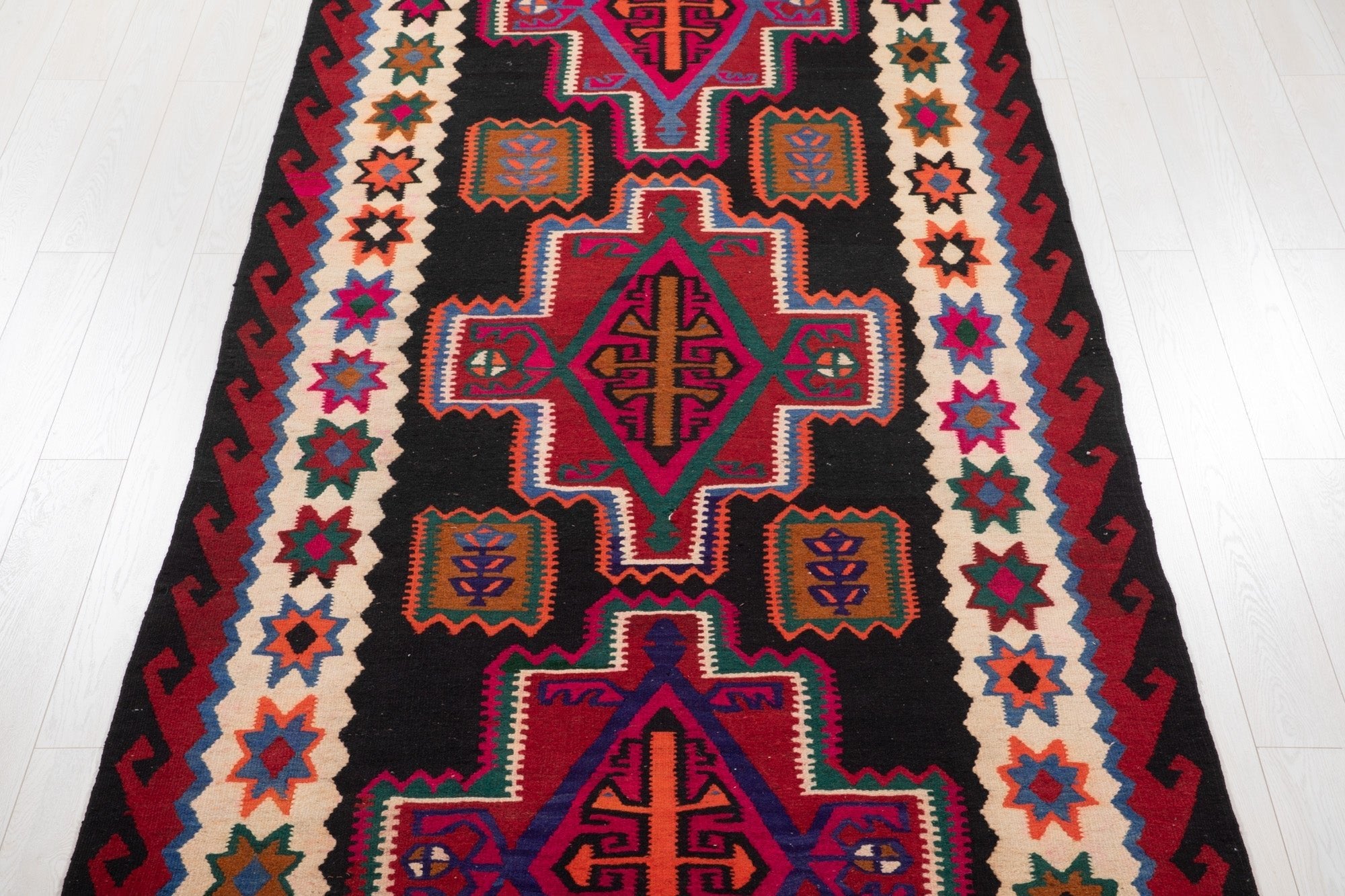 Handwoven Vintage Wool Kilim Rug – 13' 5" x 5' 2" (409 × 158 cm) - Yasi & Fara