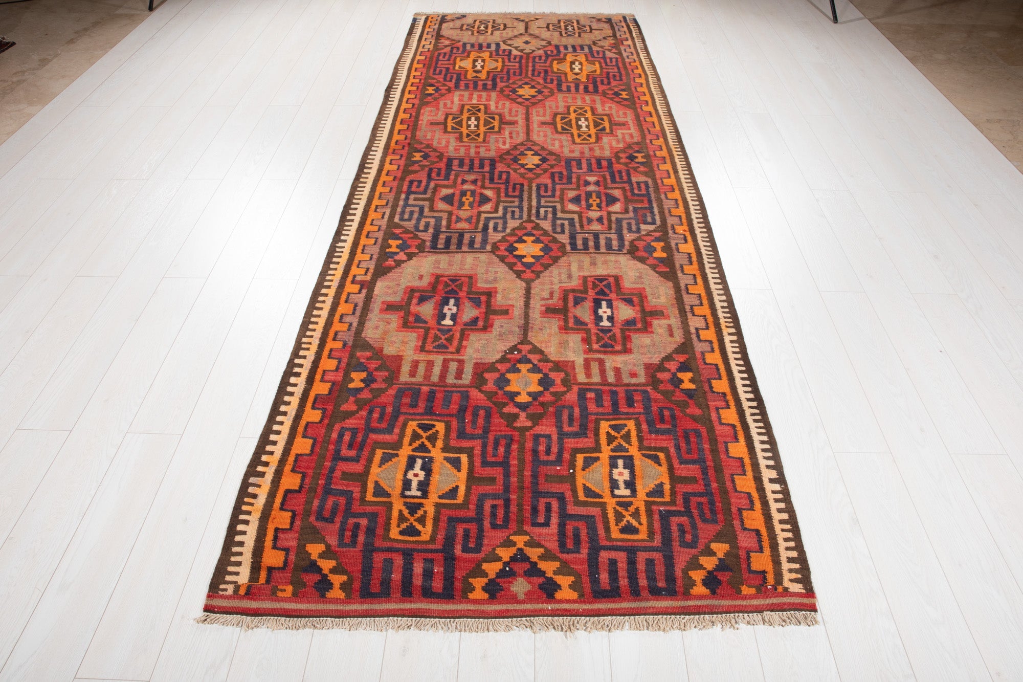 Handwoven Vintage Wool Kilim Runner Rug – 11' 4" x 4' 2" (346 × 126 cm) - Yasi & Fara