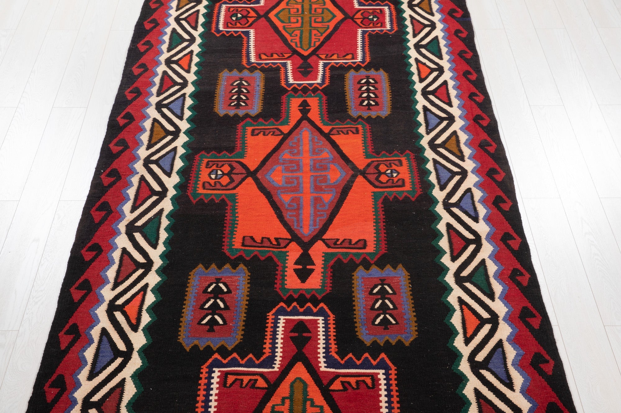 Handwoven Vintage Wool Kilim Rug – 13' 11" x 5' 4" (425 × 162 cm) - Yasi & Fara