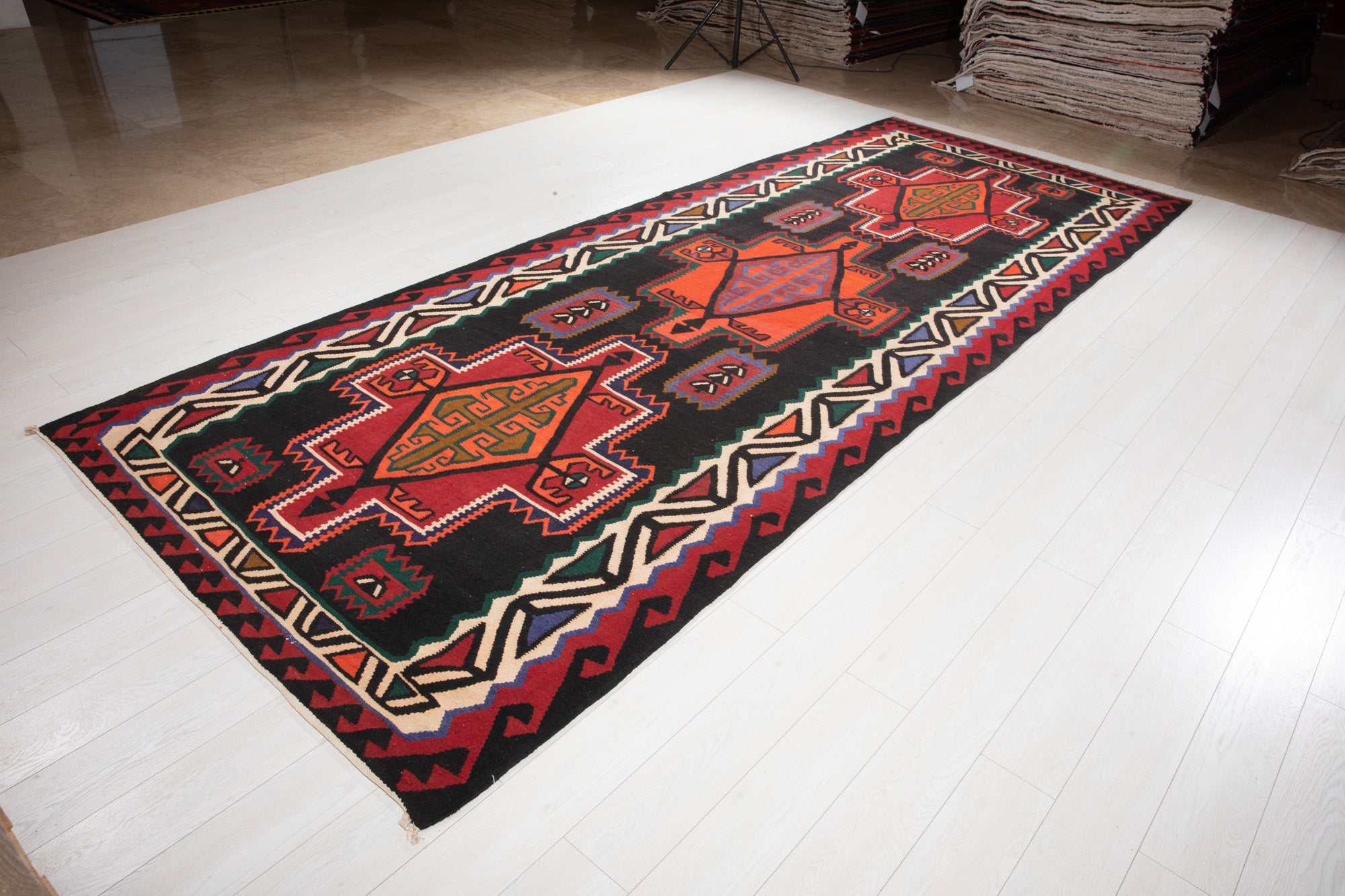 Handwoven Vintage Wool Kilim Rug – 13' 11" x 5' 4" (425 × 162 cm) - Yasi & Fara
