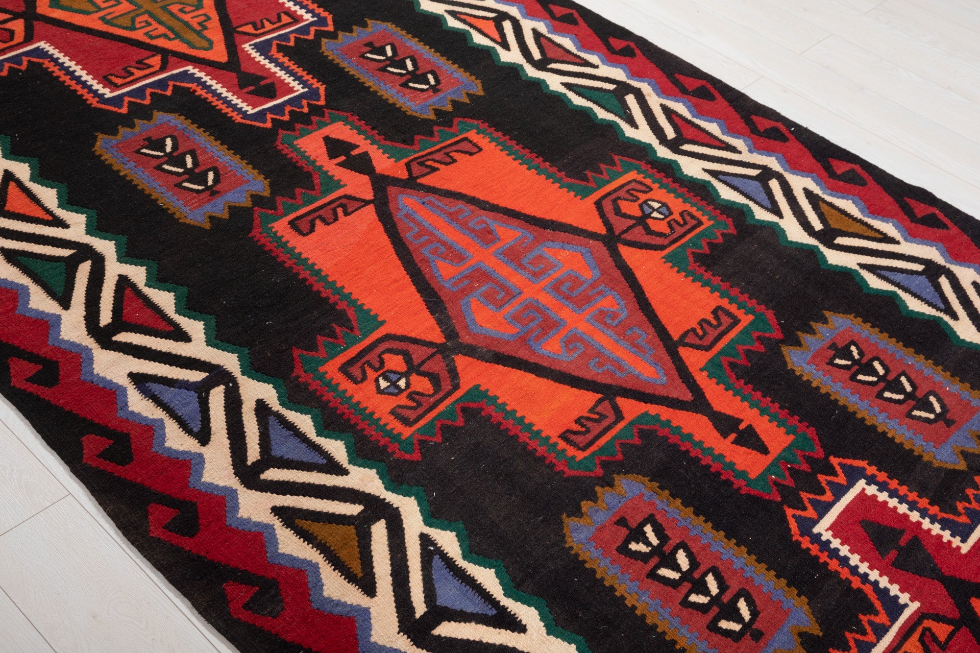 Handwoven Vintage Wool Kilim Rug – 13' 11" x 5' 4" (425 × 162 cm) - Yasi & Fara