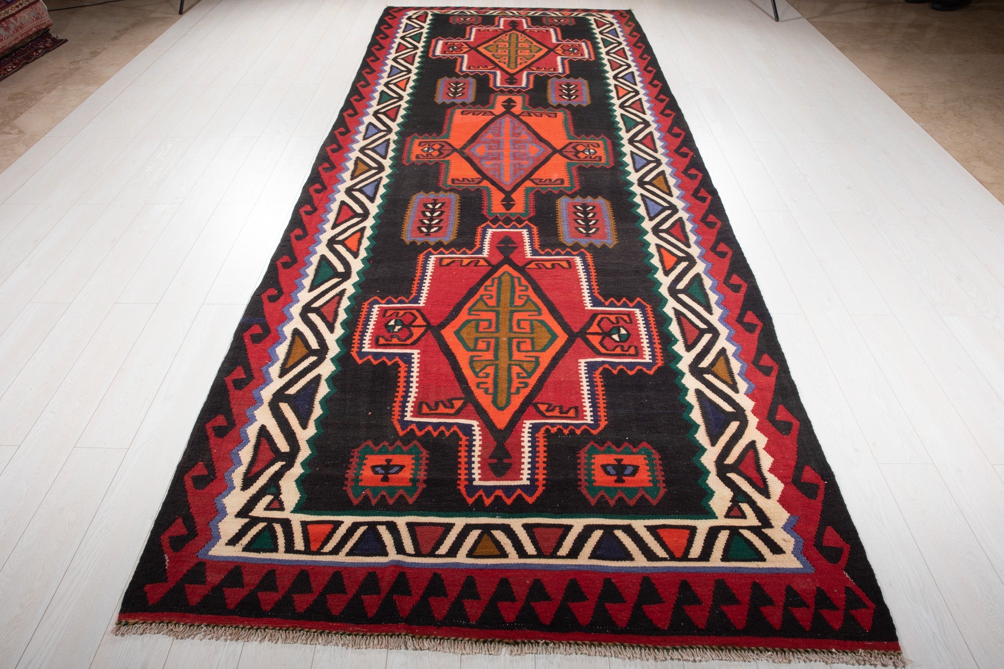 Handwoven Vintage Wool Kilim Rug – 13' 11" x 5' 4" (425 × 162 cm) - Yasi & Fara