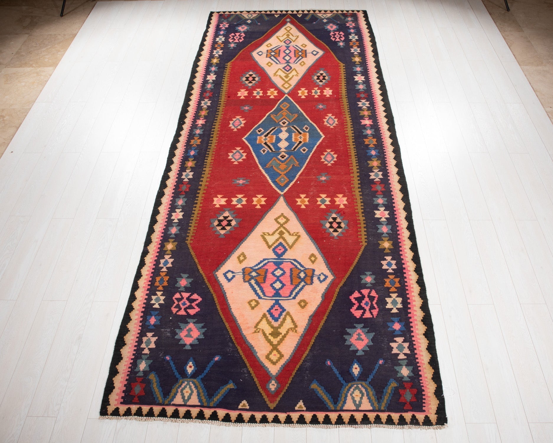Handwoven Vintage Wool Kilim Rug – 13' 1" x 5' 4" (398 × 163 cm) - Yasi & Fara