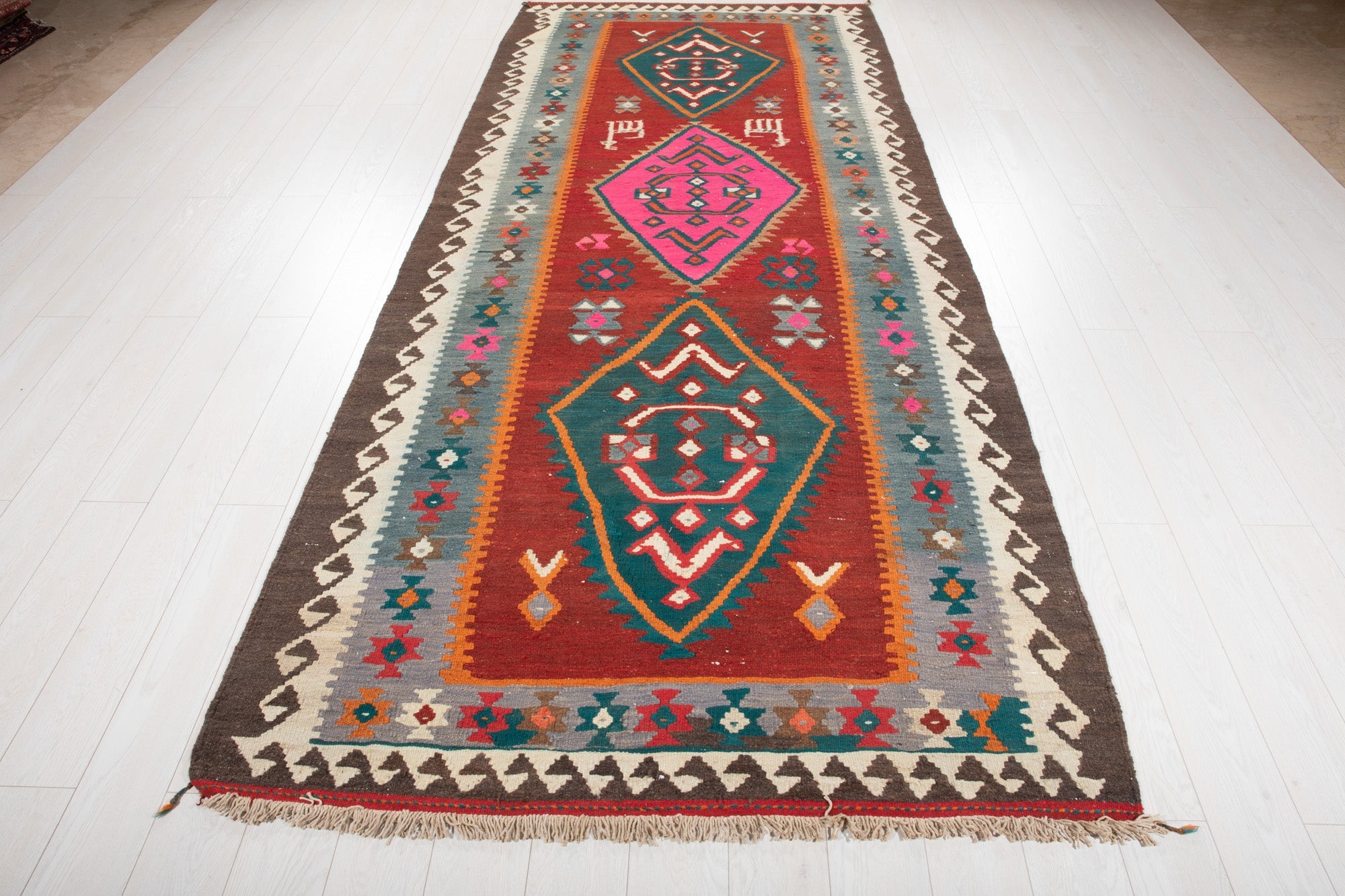 Handwoven Vintage Wool Kilim Rug – 11' 2" x 4' 9" (341 × 149 cm) - Yasi & Fara