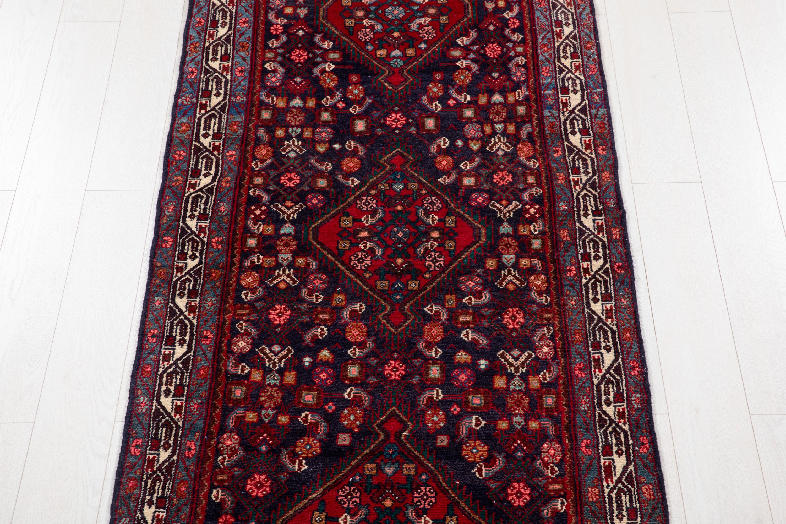 Hand-Knotted Vintage Wool Navy Blue Hamadan Runner, 10 ft Long – 10' 6" × 3' 5" (320 x 105 cm)