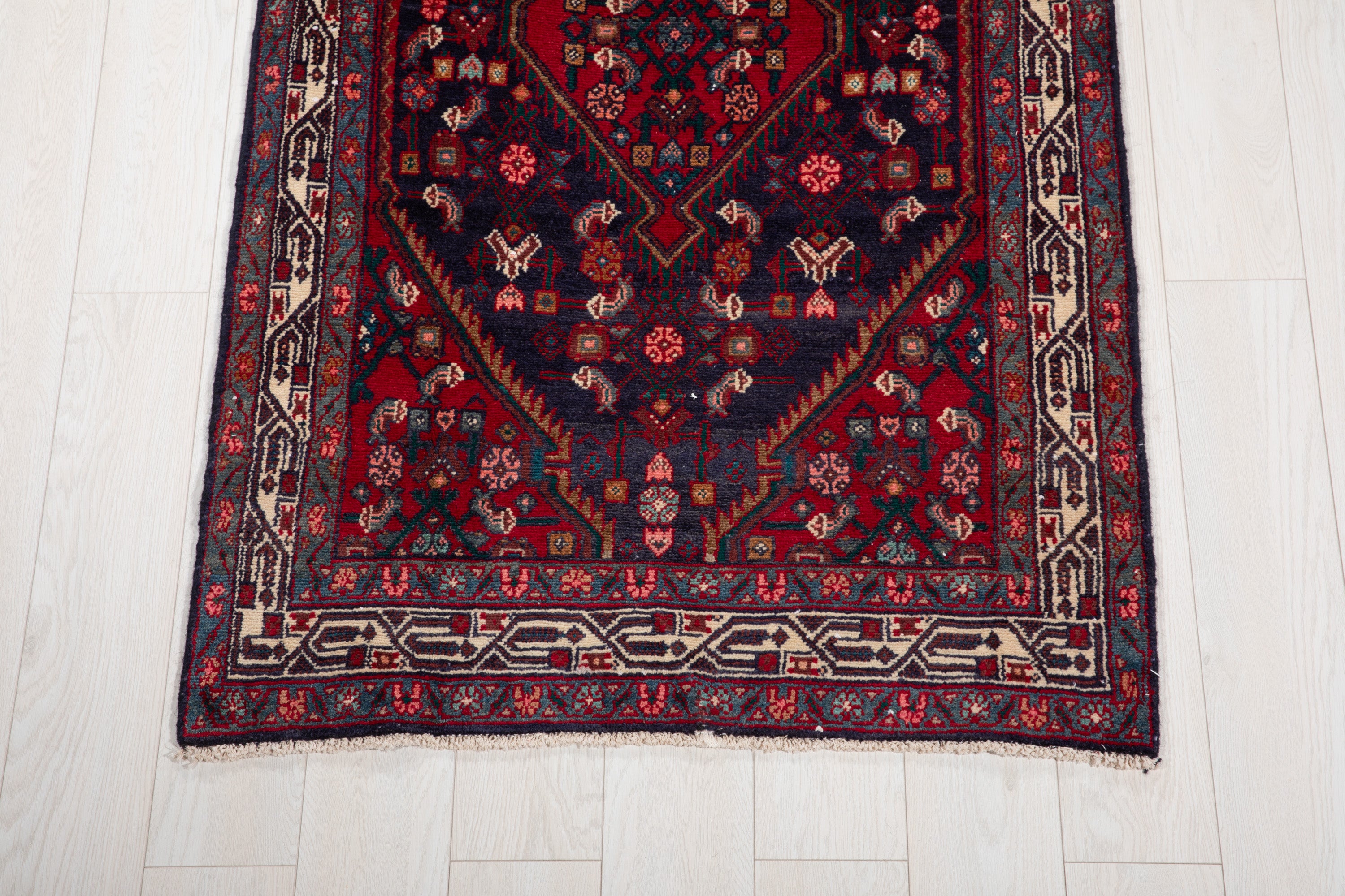 Hand-Knotted Vintage Wool Navy Blue Hamadan Runner, 10 ft Long – 10' 6" × 3' 5" (320 x 105 cm)