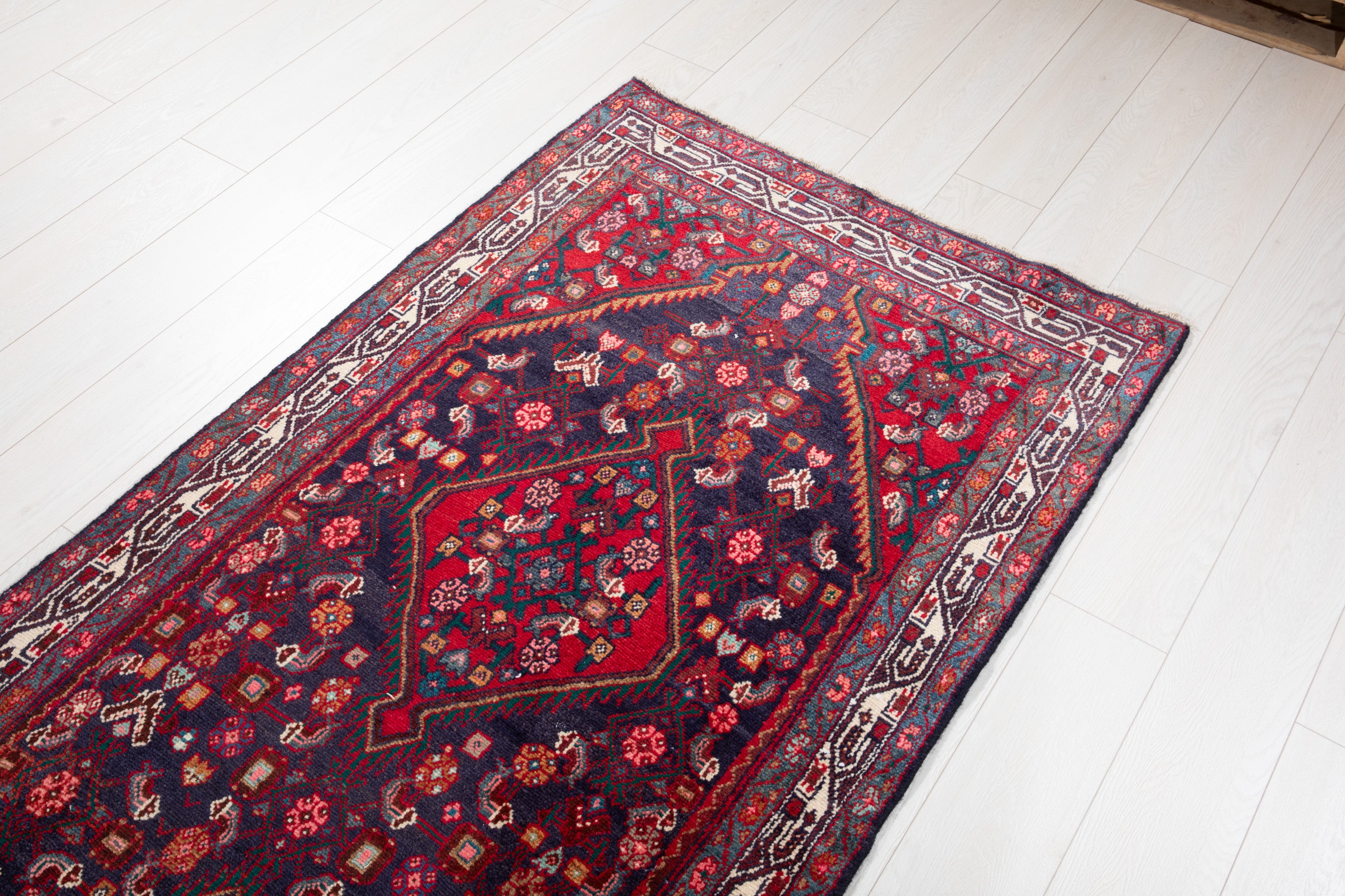 Hand-Knotted Vintage Wool Navy Blue Hamadan Runner, 10 ft Long – 10' 6" × 3' 5" (320 x 105 cm)