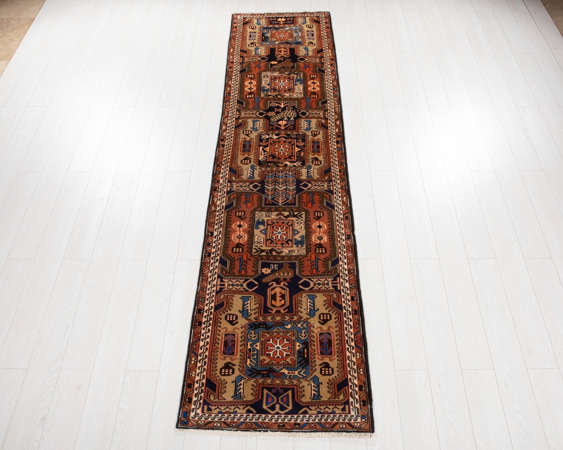 Hand-Knotted Vintage Wool Runner Rug – 10' 7" x 2' 7" (323 × 80 cm) - Yasi & Fara
