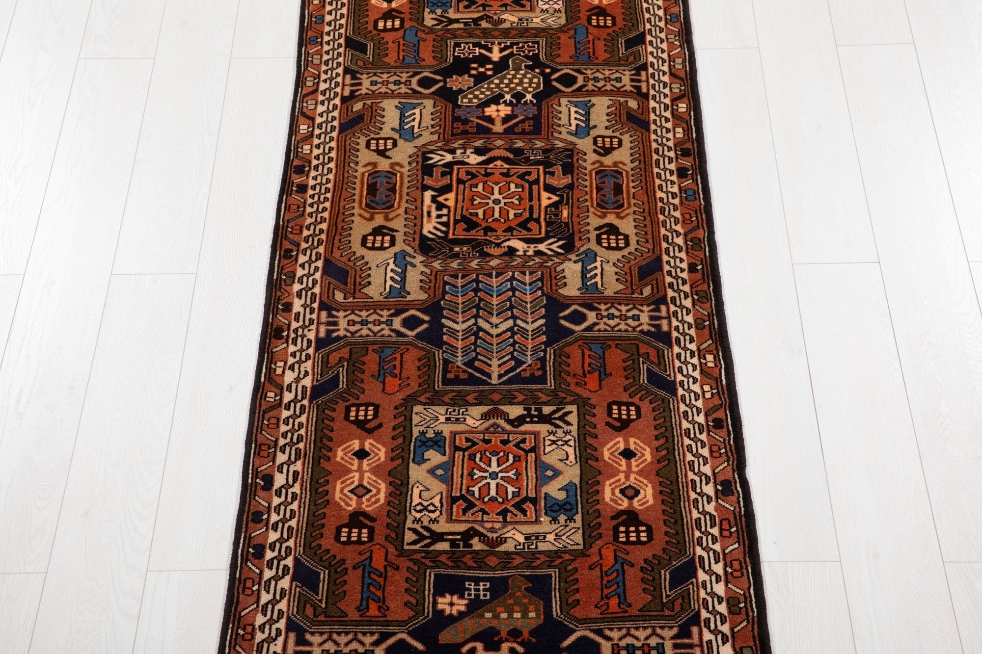Hand-Knotted Vintage Wool Runner Rug – 10' 7" x 2' 7" (323 × 80 cm) - Yasi & Fara