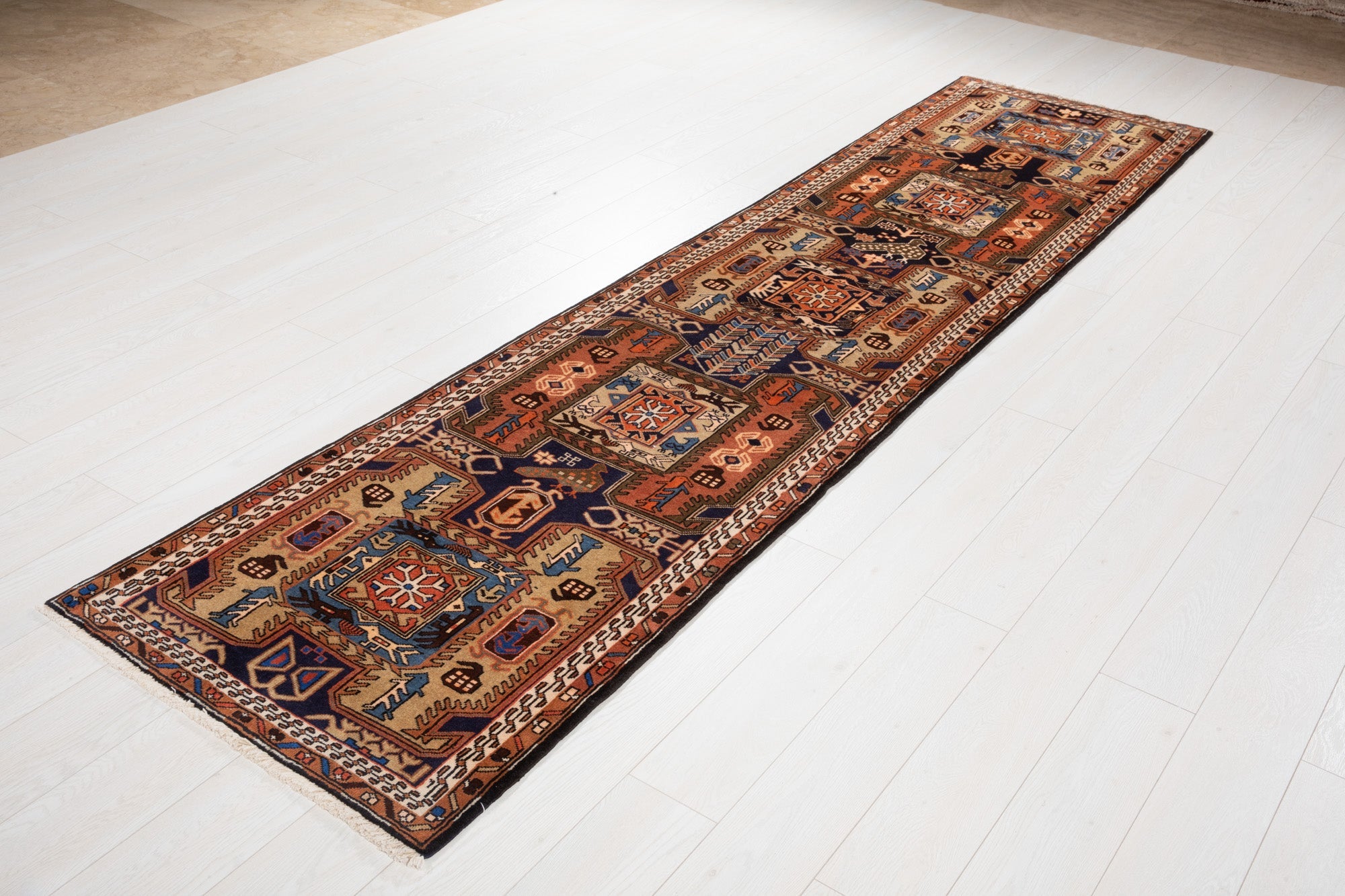 Hand-Knotted Vintage Wool Runner Rug – 10' 7" x 2' 7" (323 × 80 cm) - Yasi & Fara