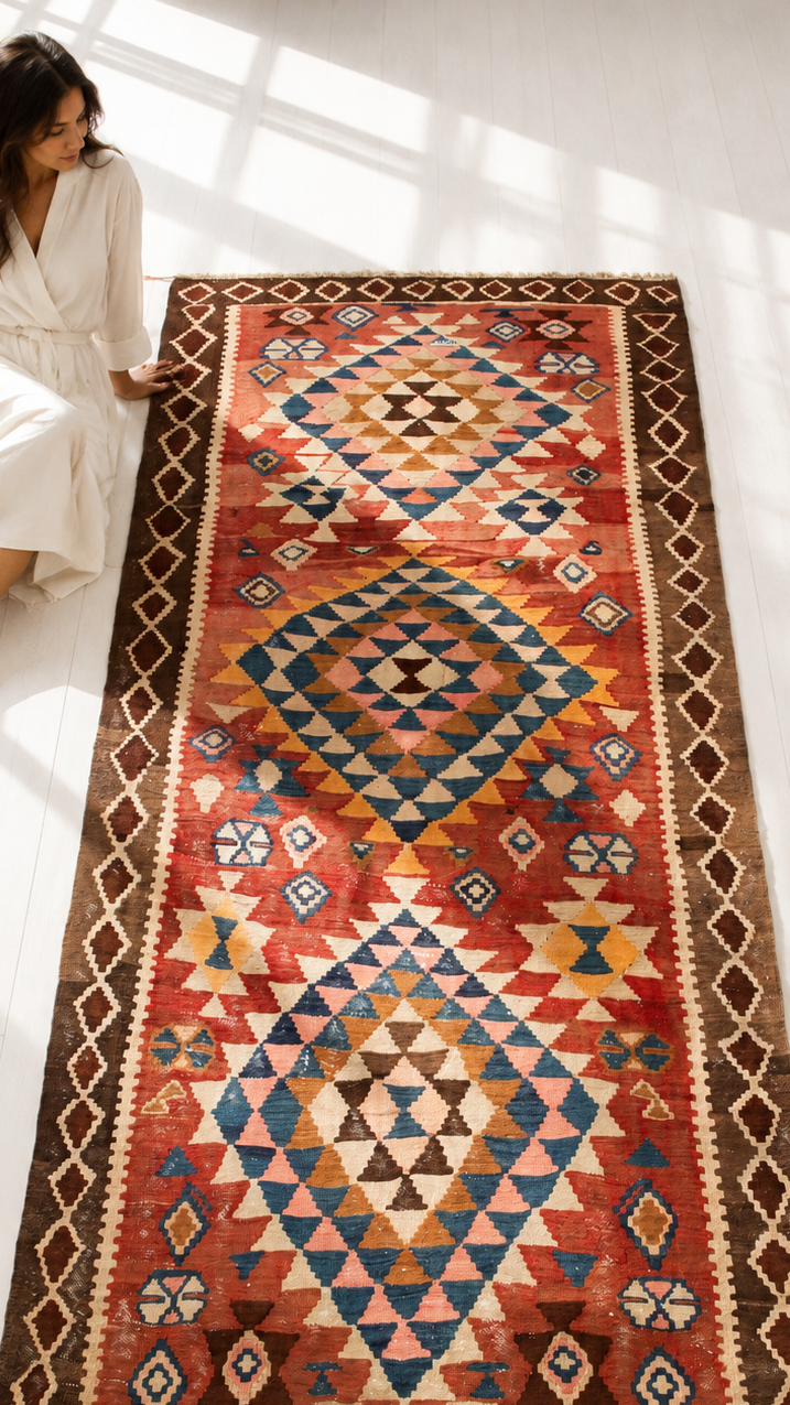 Handwoven Vintage Wool Kilim Rug – 10' 1" x 4' 8" (307 × 143 cm) - Yasi & Fara