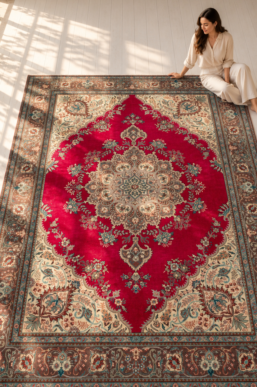 Hand-Knotted Vintage Large Wool Area Rug – 11' 3" x 8' (342 x 245 cm) - Yasi & Fara