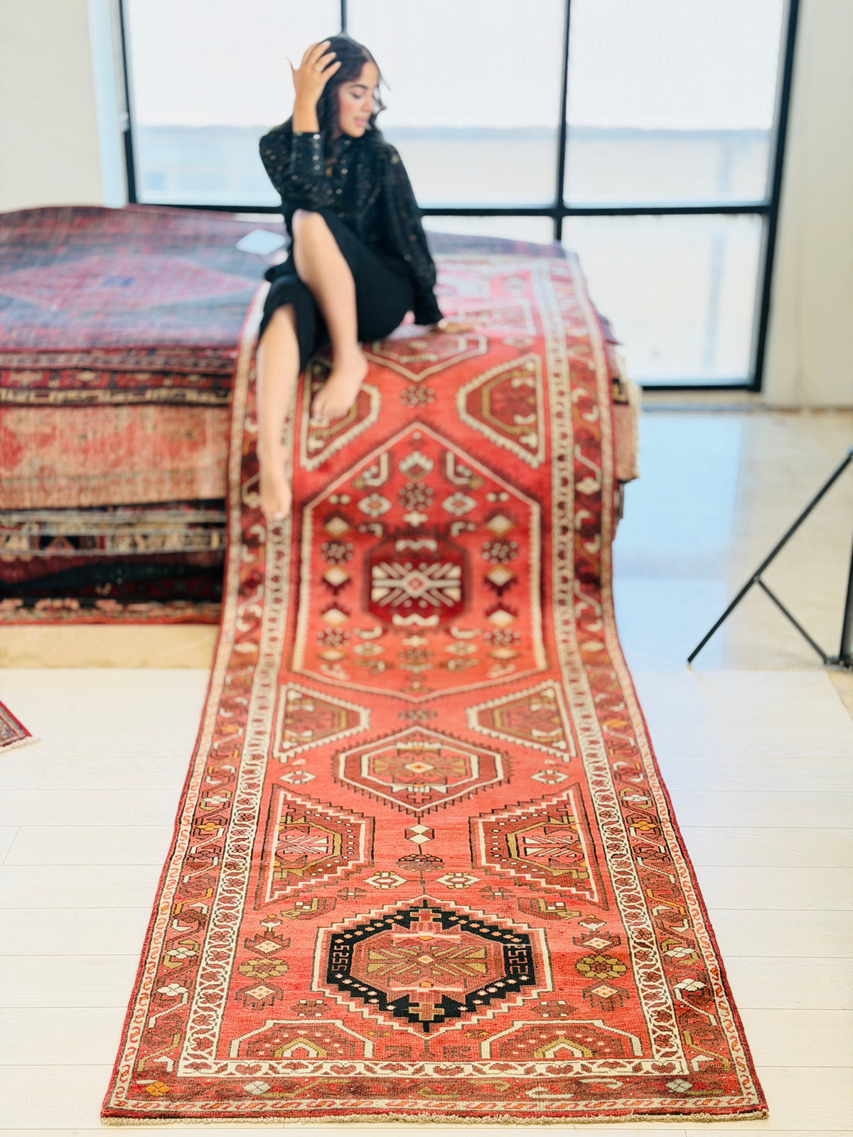 Vintage Geometric Runner Rug, Coral – 12' 1" x 3' 5" (369 x 103 cm)