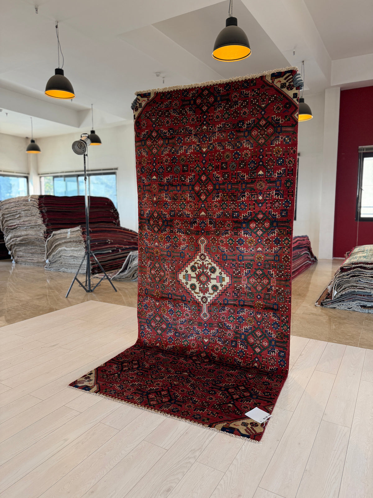 Vintage Red Geometric Allover Wool Rug – 9' 1" x 4' 1" (277 x 125 cm)