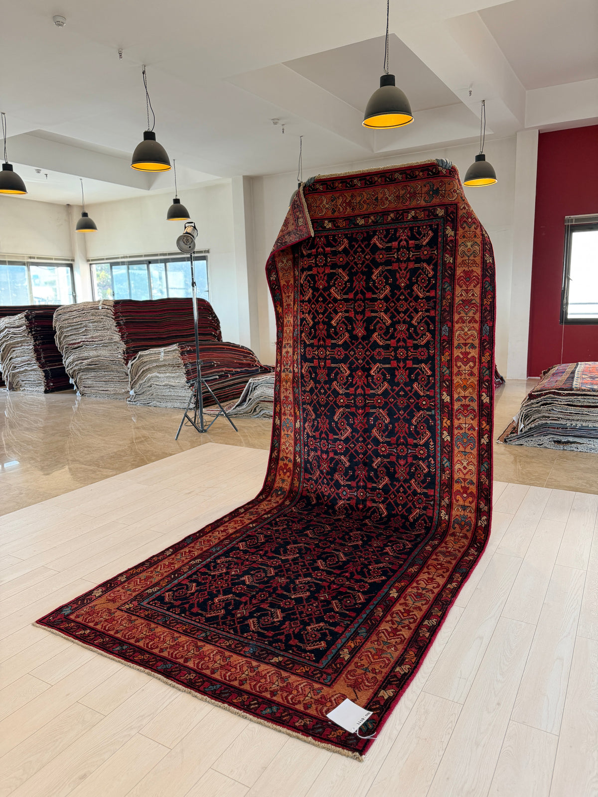 Vintage Deep Navy Blue & Brown Geometric Allover Wool Rug – 12' 5" x 5' 1" (379 x 155 cm)