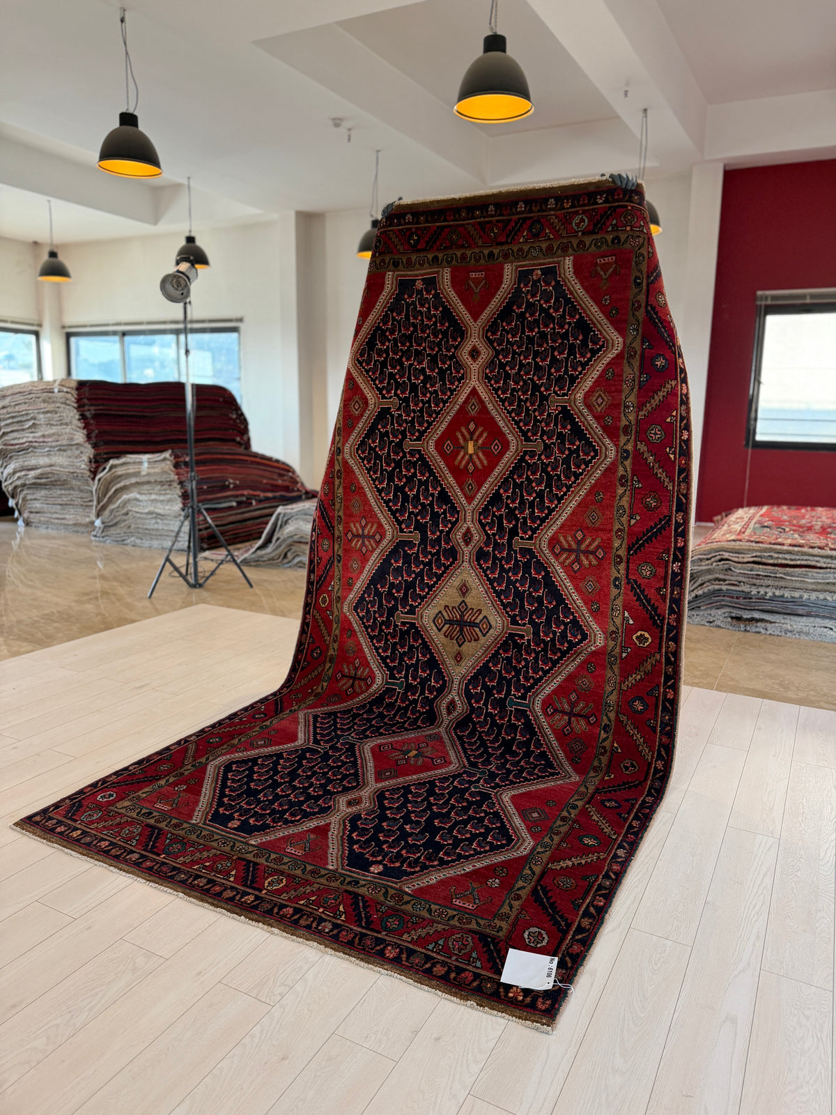 Collectible Vintage Deep Navy Blue & Red Geometric Medallion Wool Rug – 10' 8" x 5' 5" (326 x 165 cm)