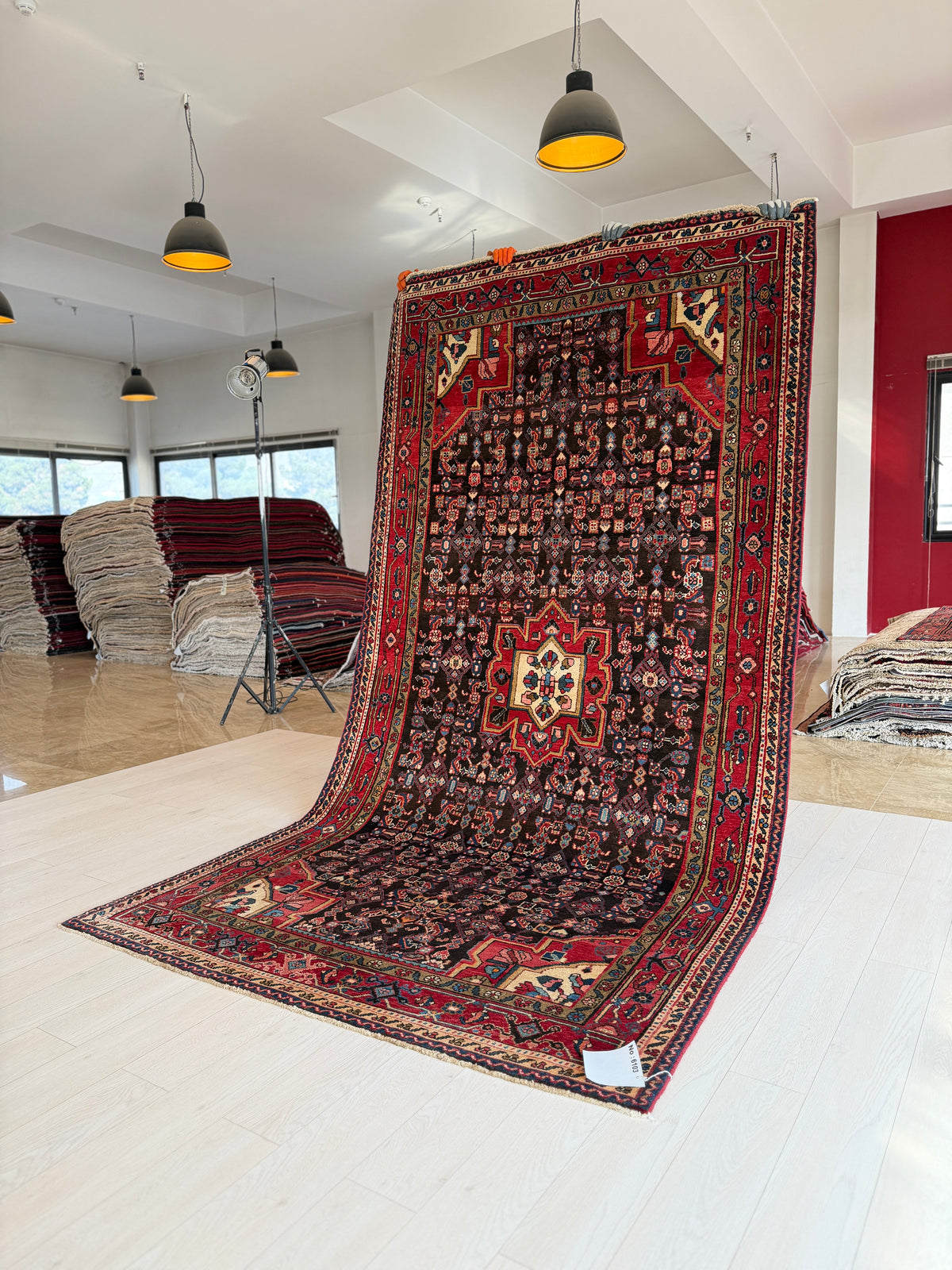 Vintage Black & Red Geometric Medallion Wool Rug – 10' 4" x 5' 5" (314 x 164 cm)