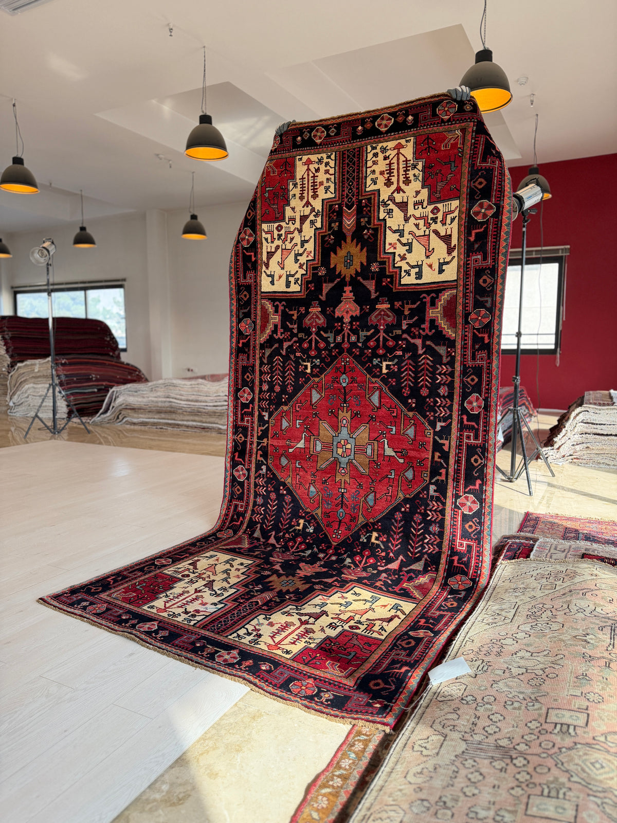 Vintage Deep Navy Blue & Red Geometric Medallion Wool Rug – 9' 11" x 4' 8" (302 x 142 cm)