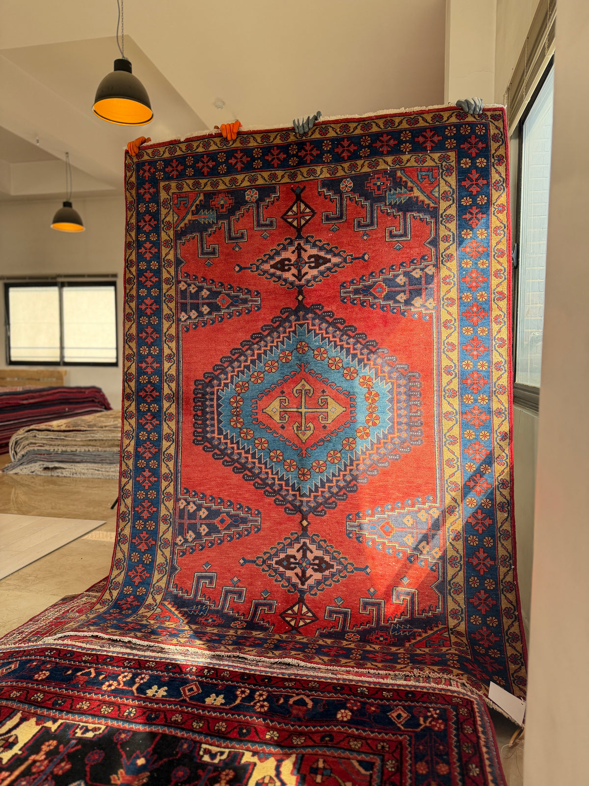 Vintage Orange Red & Blue Geometric Medallion Wool Rug – 7' 5" x 5' 3" (226 x 160 cm)