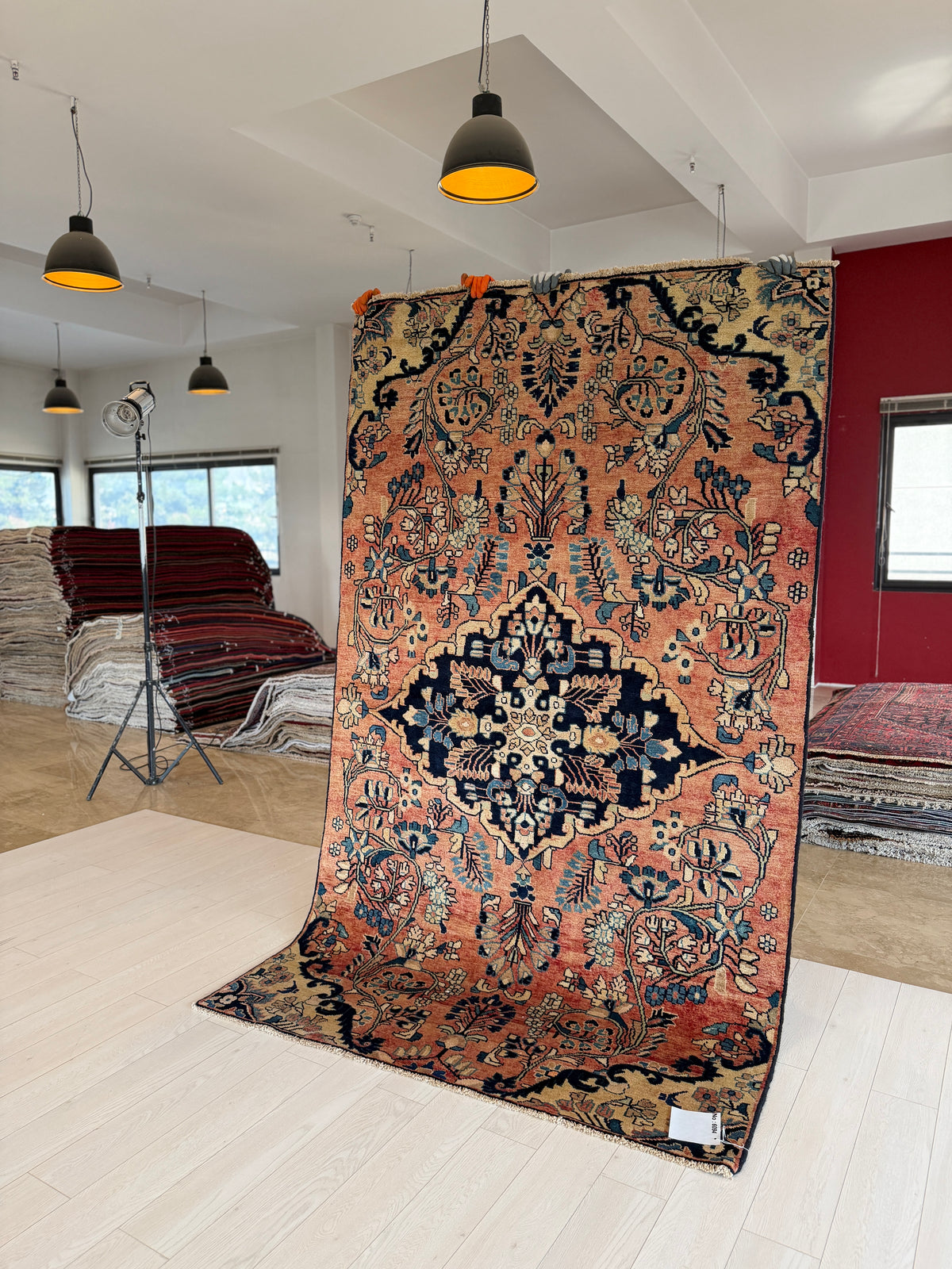 Rare Collectible Antique Copper & Navy Blue Floral Medallion Wool Rug – 8' 4" x 4' 11" (255 x 151 cm)