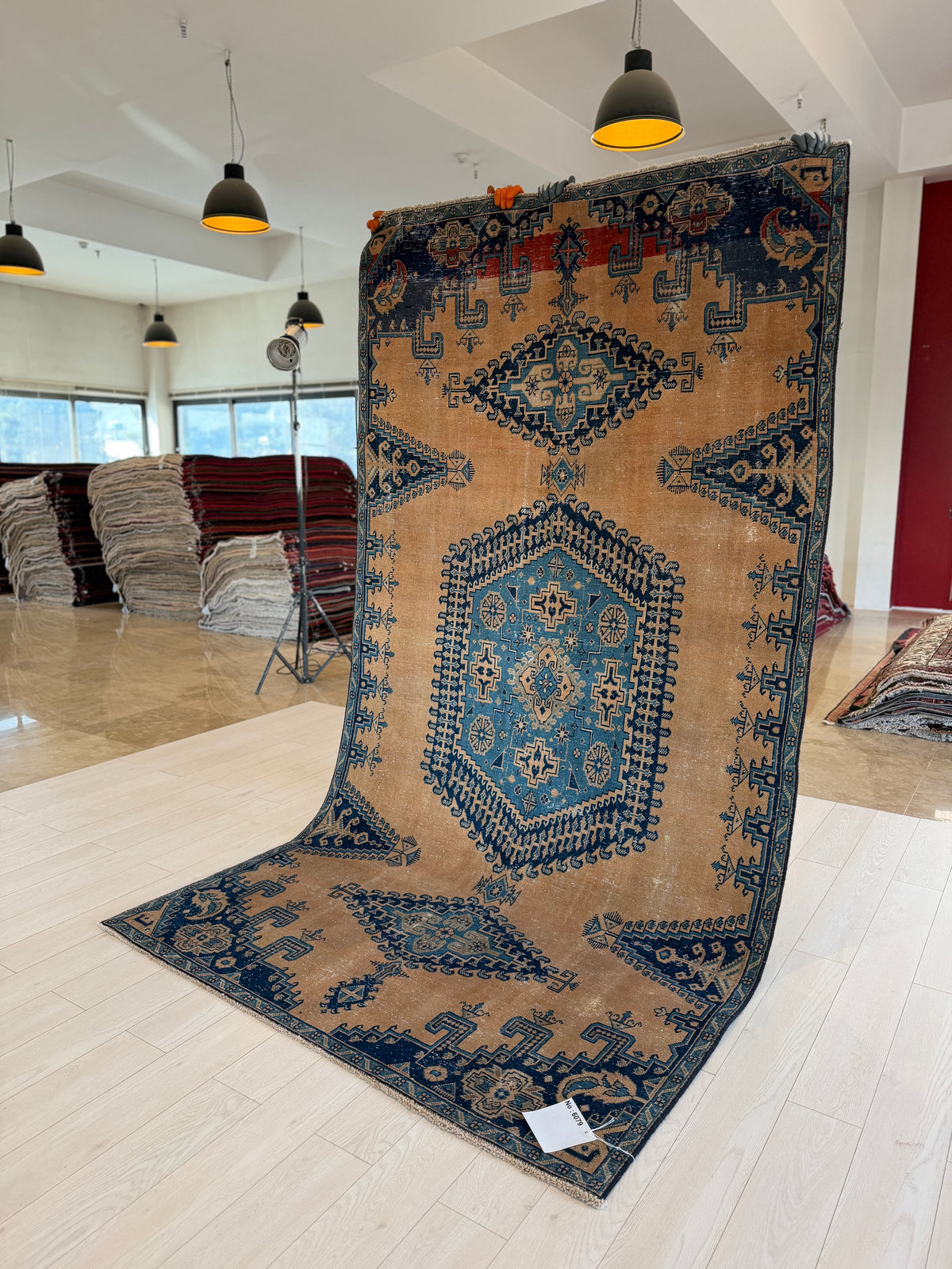Collectible Antique Muted Orange & Blue Geometric Medallion Wool Rug – 9' 7" x 5' 1" (291 x 155 cm)
