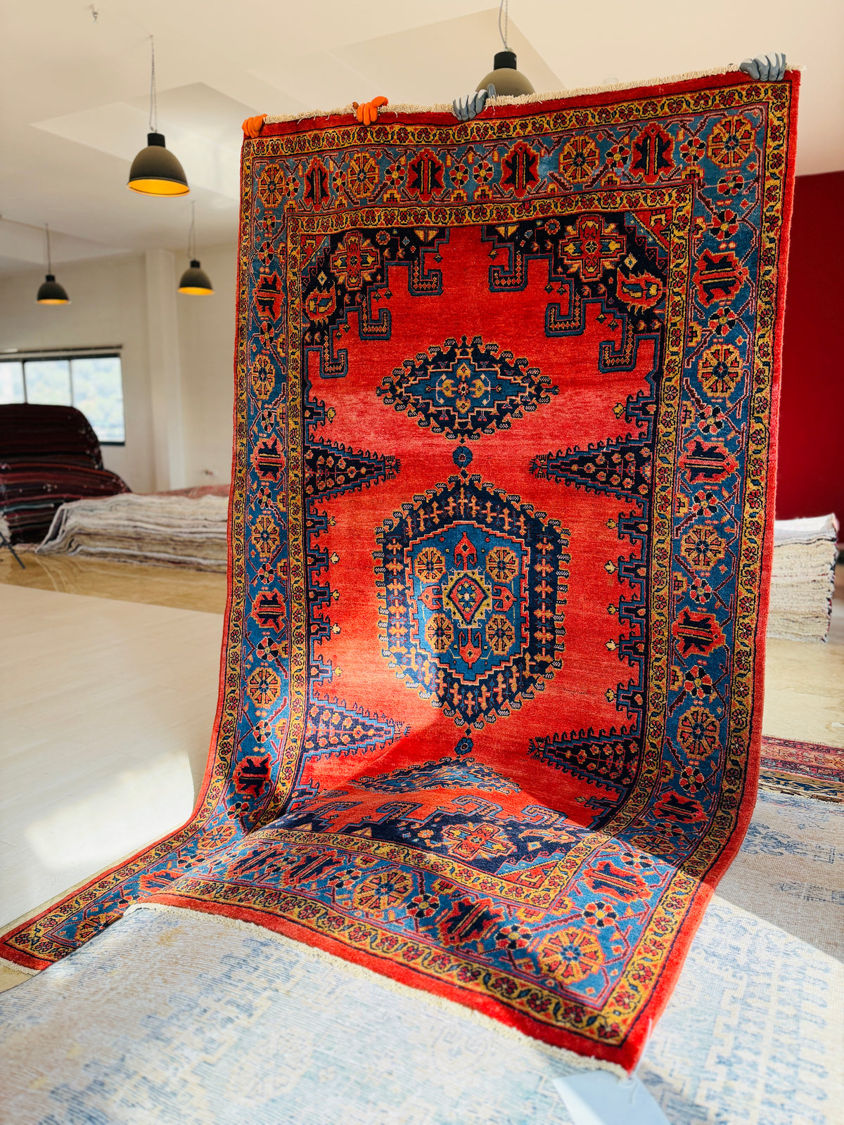 Collectible Vintage Orange Red & Blue Hand-Knotted Wool Rug – 8' 11" x 5' 2" (272 x 158 cm)