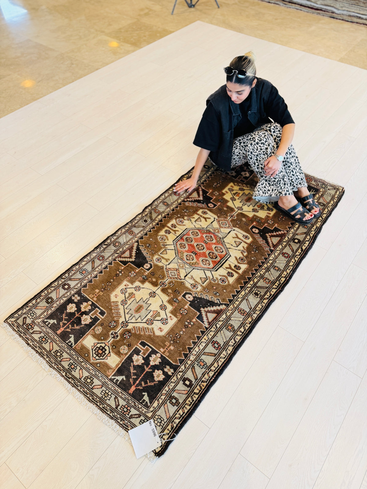 Vintage Brown & Light Blue Hand-Knotted Wool Rug – 6' 7" x 3' 4" (201 x 101 cm)