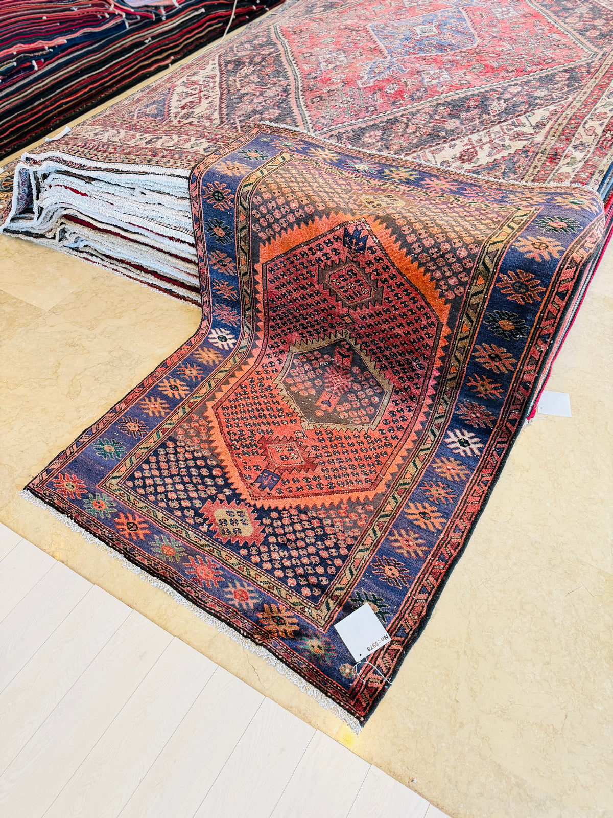 Antique Rust Red, Blue Hand-Knotted Wool Rug – 6' 3" x 4' 2" (190 x 126 cm)