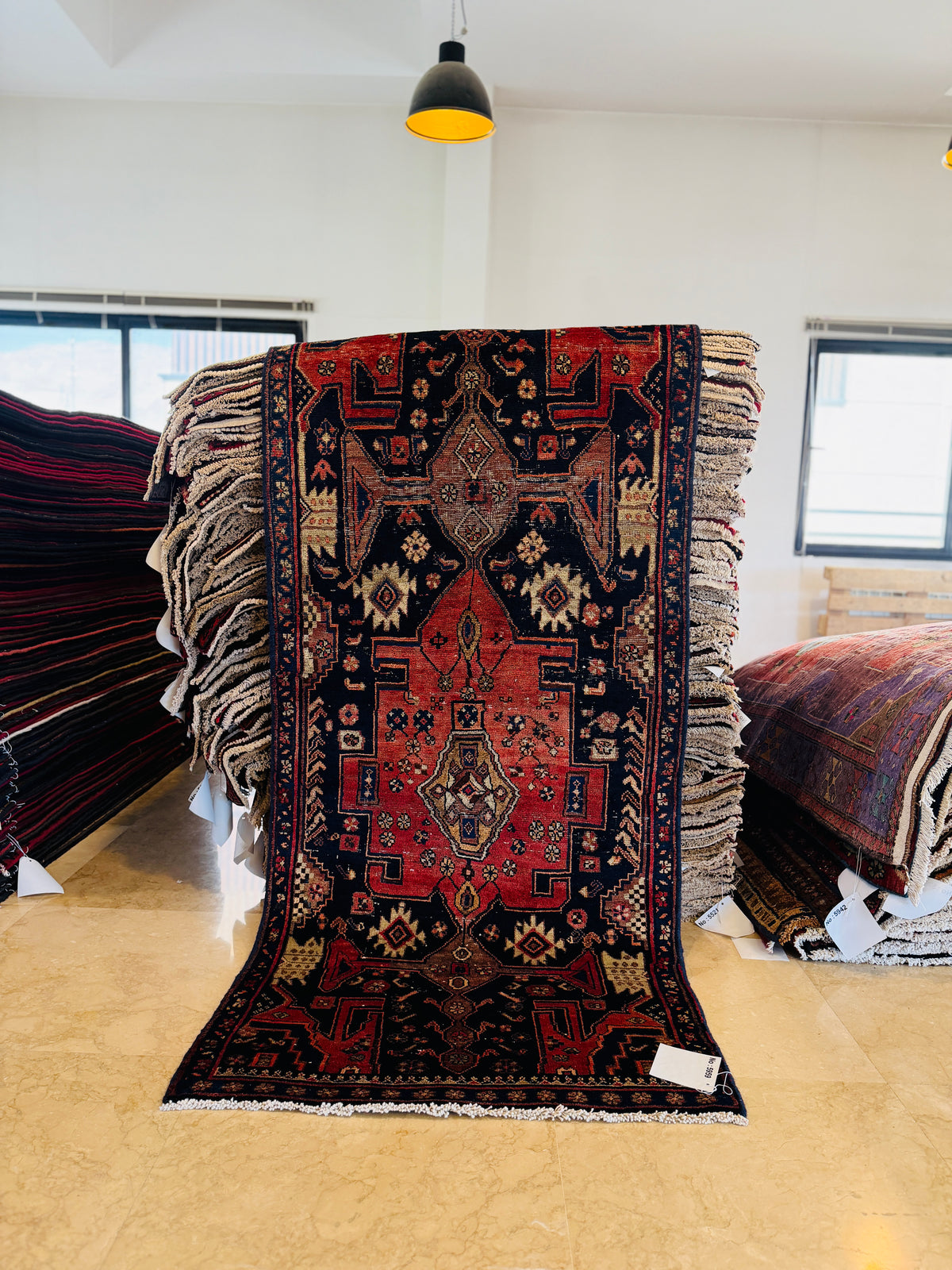 Collectible Antique Deep Navy Blue, Red Hand-Knotted Wool Rug – 7' 2" x 3' 1" (218 x 94 cm)
