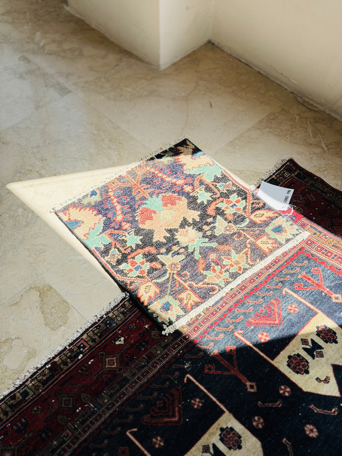 Small Antique Navy Blue Rug – 1' 11" x 1' 10" (59 x 56 cm)