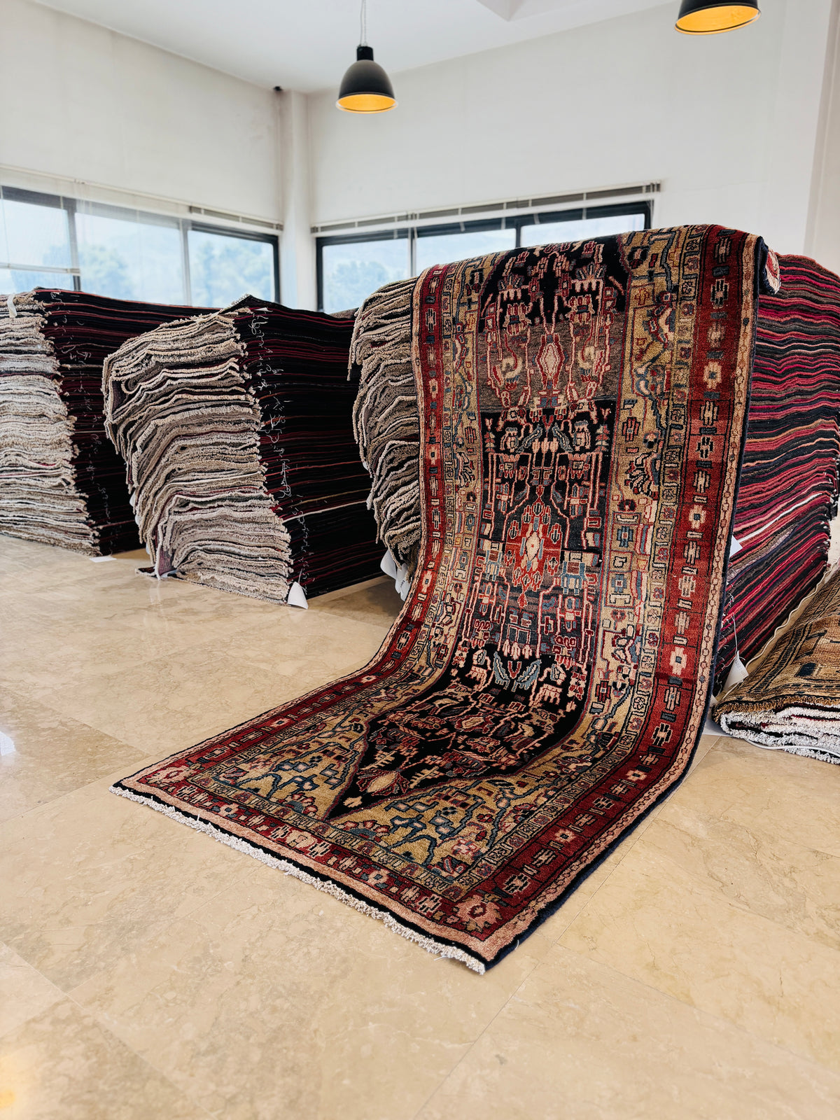 Antique Deep Navy Blue, Red and Brown Area Rug – 9' 7" x 3' 8" (292 x 113 cm)