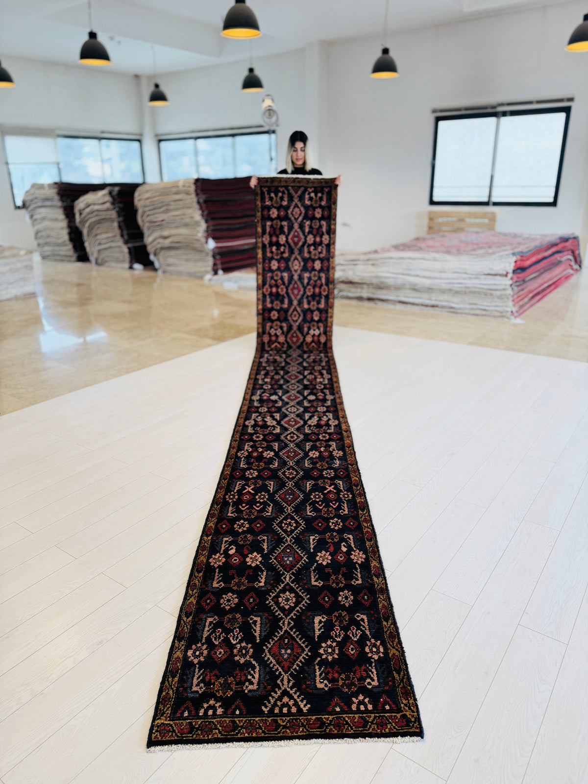 Collectible Antique Navy Blue Geometric Runner Rug – 16' 1" x 2' 2" (490 x 66 cm)