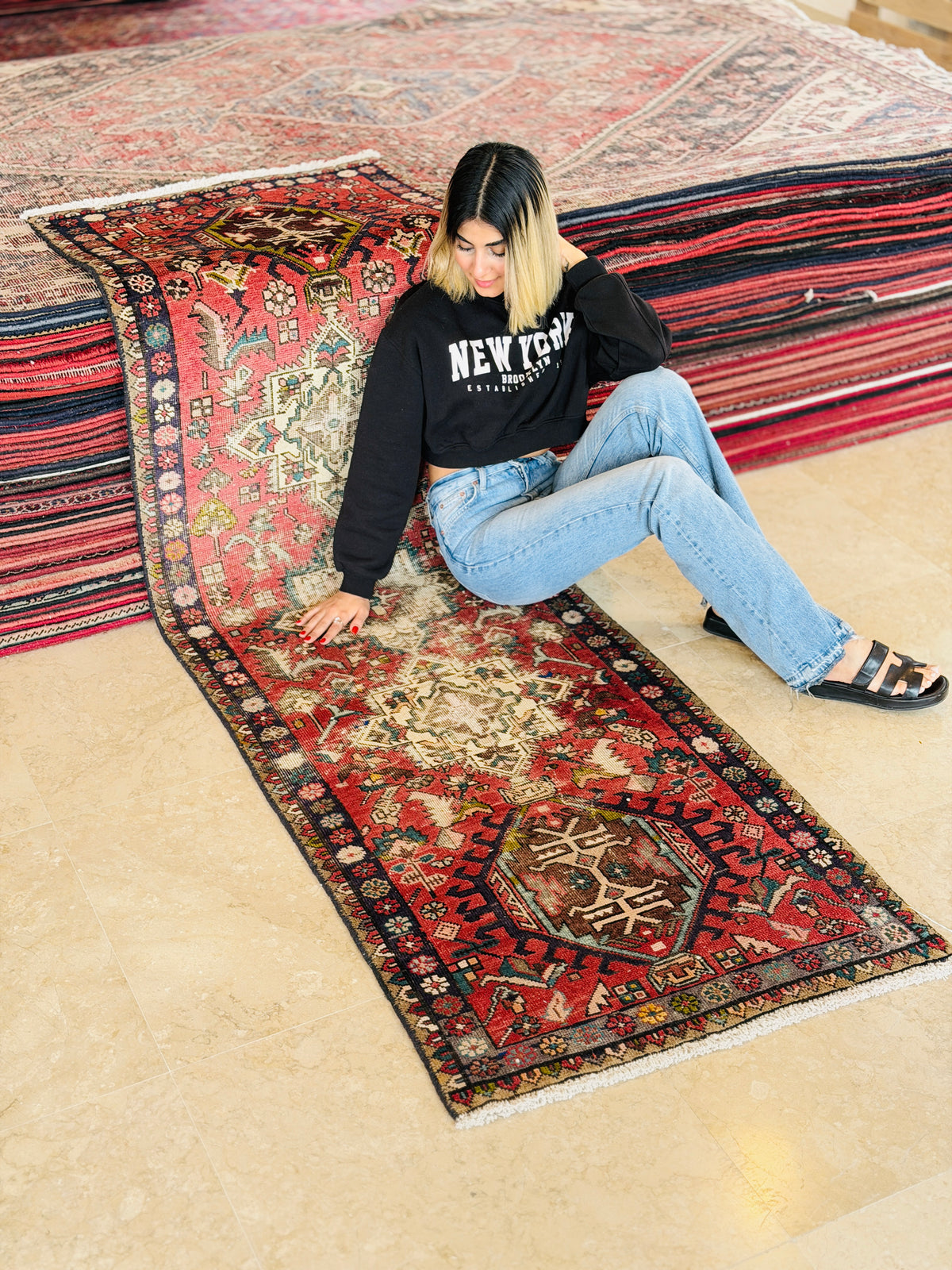 Antique Red Geometric Runner Rug – 8' 4" x 2' 7" (254 x 79 cm)