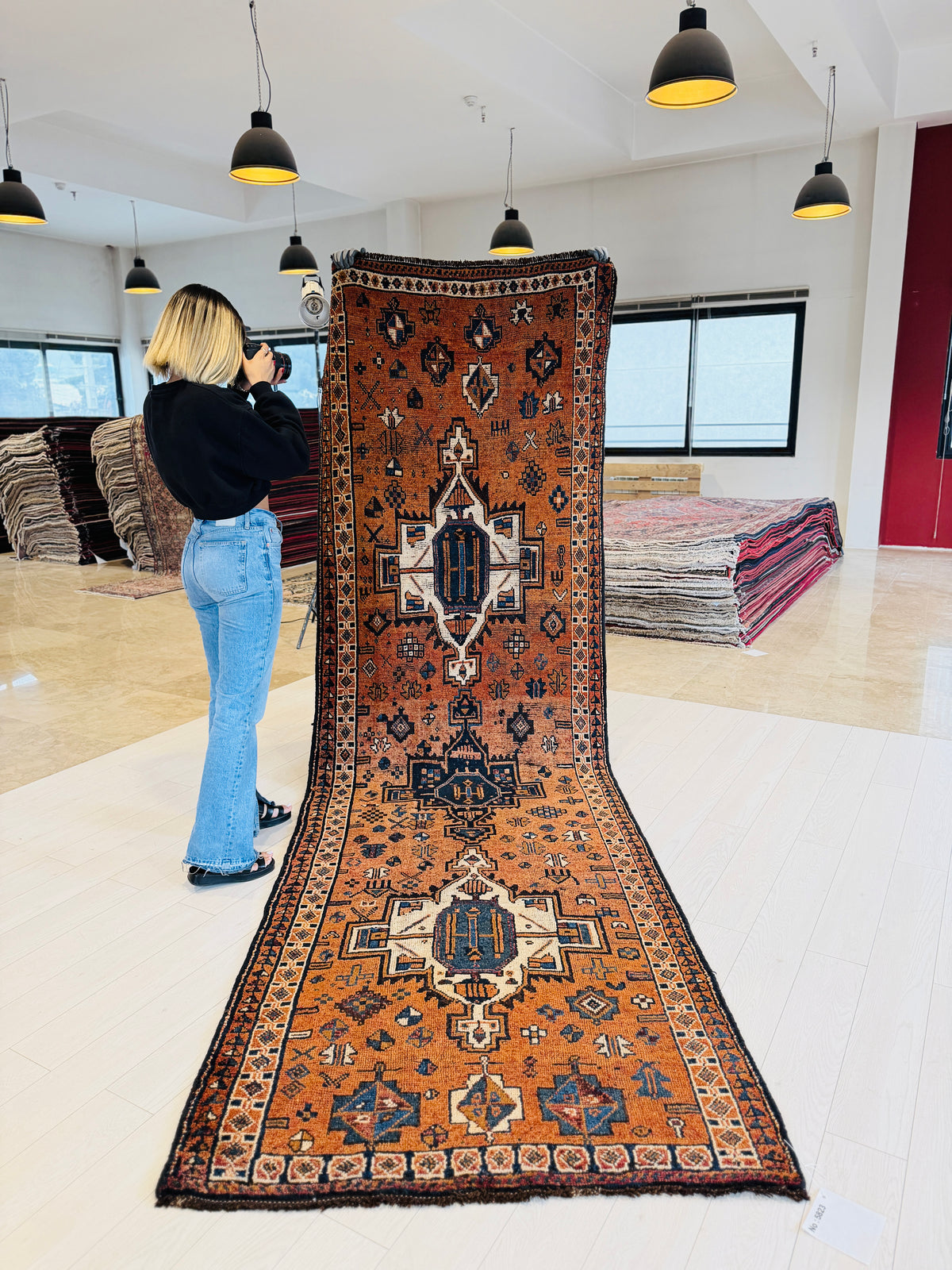 Antique Orange Rust Geometric Runner Rug – 12' 4" x 3' 9" (375 x 115 cm)