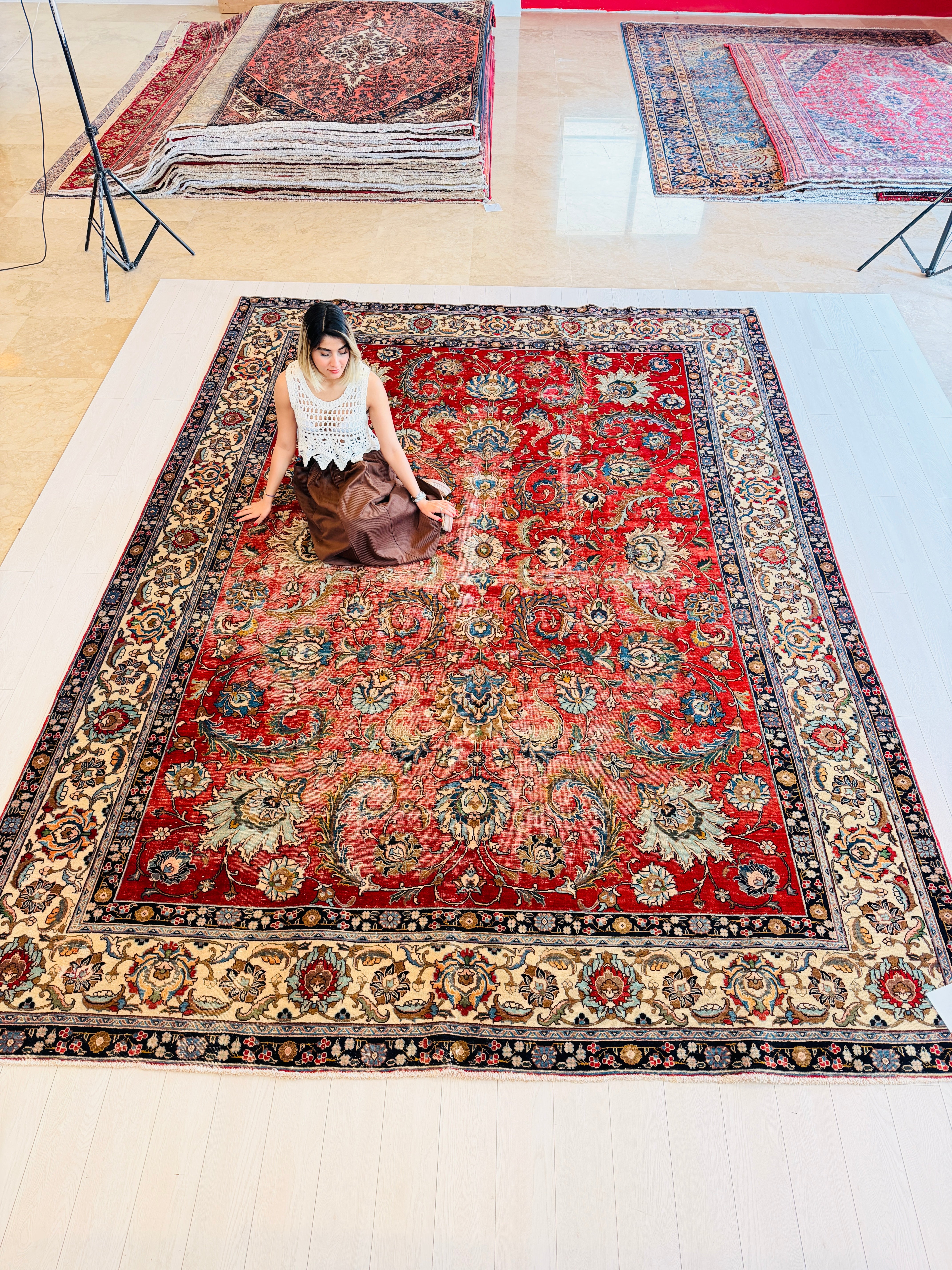Collectible Vintage Red and Beige Allover Rug – 13' 2" x 9' 7" (401 x 291 cm)