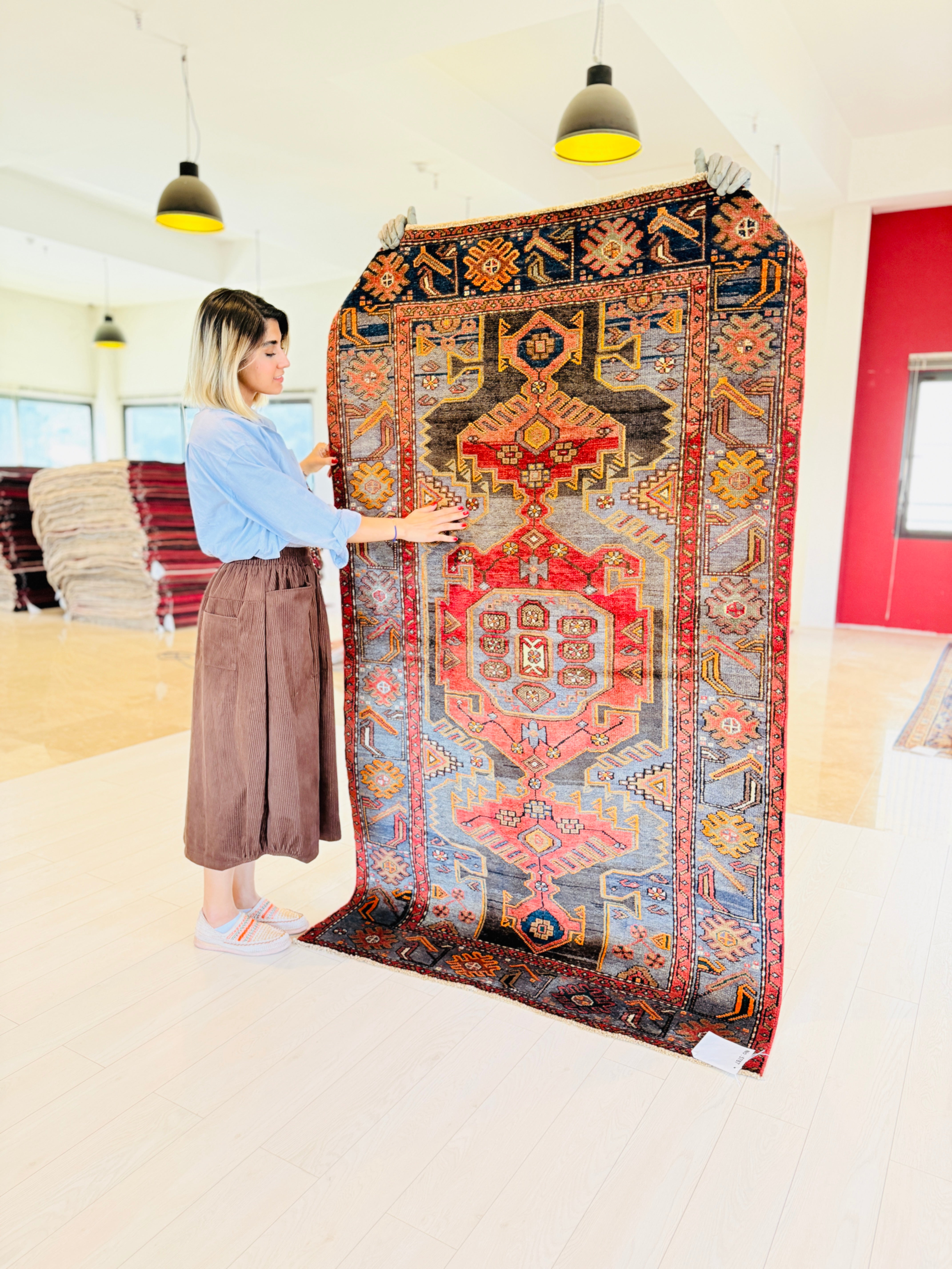 Collectible Vintage Red and blue Geometric Rug – 6' 10" x 4' 0" (209 x 122 cm)