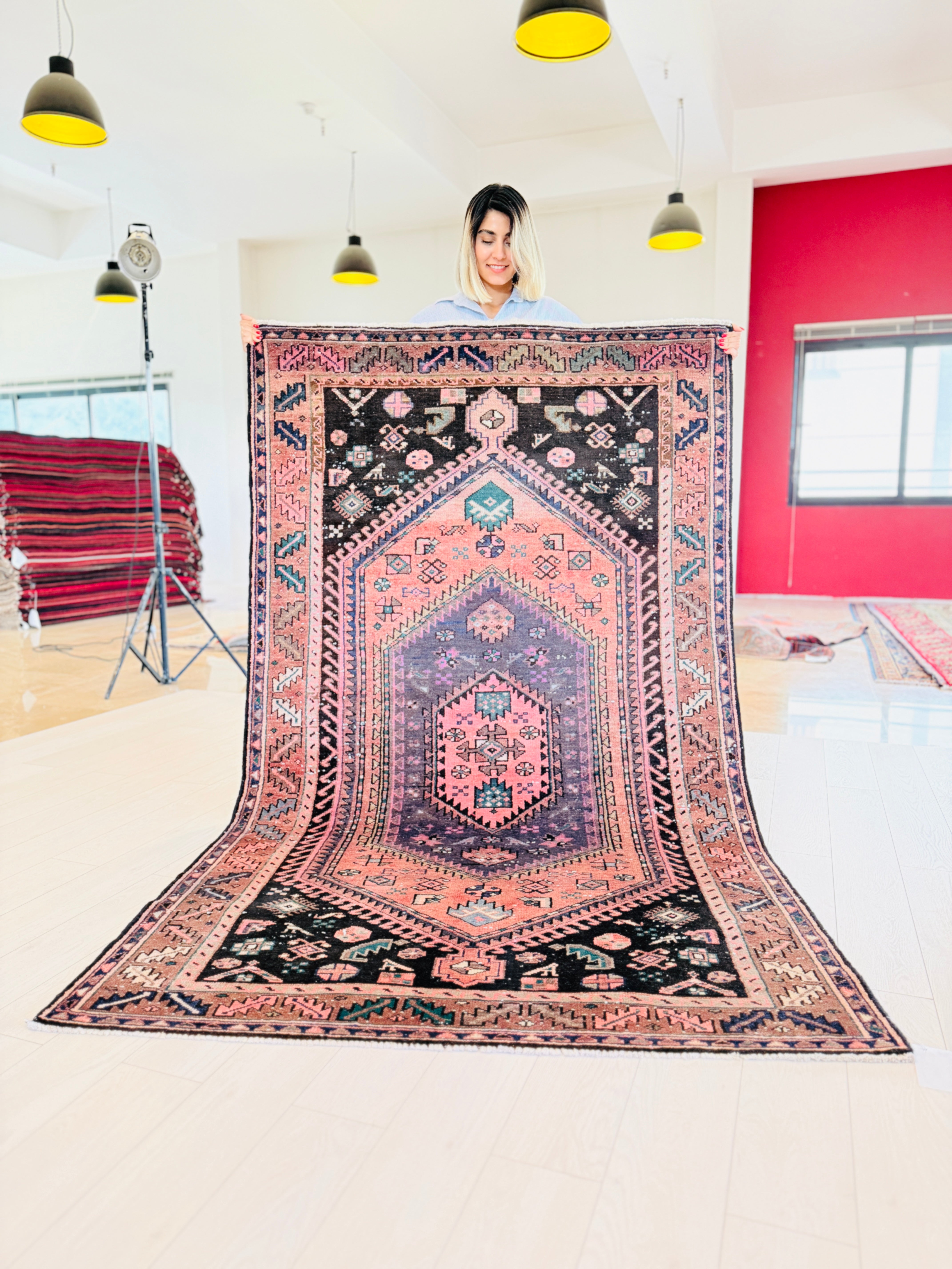 Vintage Faded rust red and purple Geometric Rug – 7' 6" x 4' 5" (228 x 134 cm)