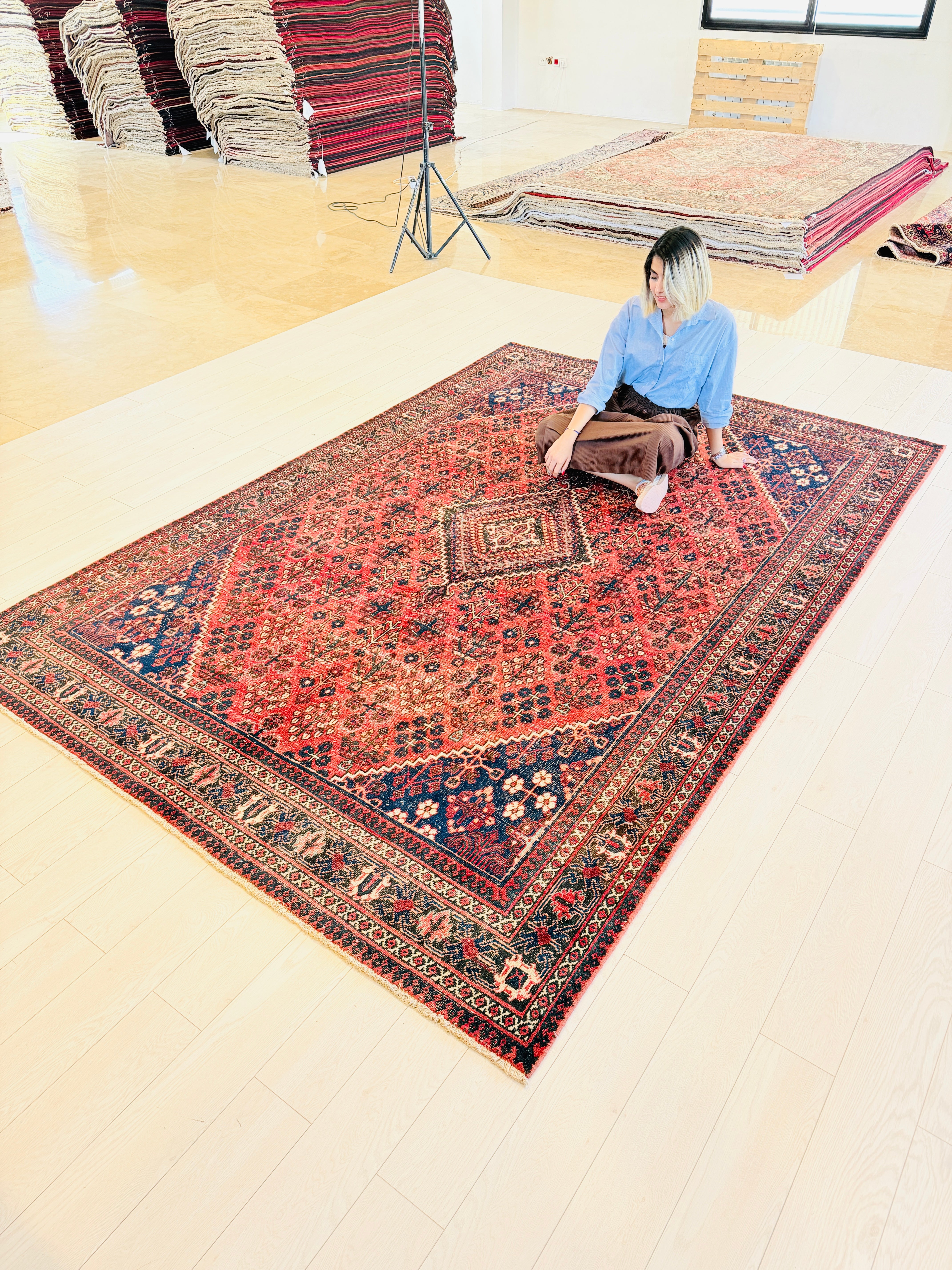 Vintage Red and navy blue Geometric Rug – 10' 2" x 6' 11" (310 x 210 cm)