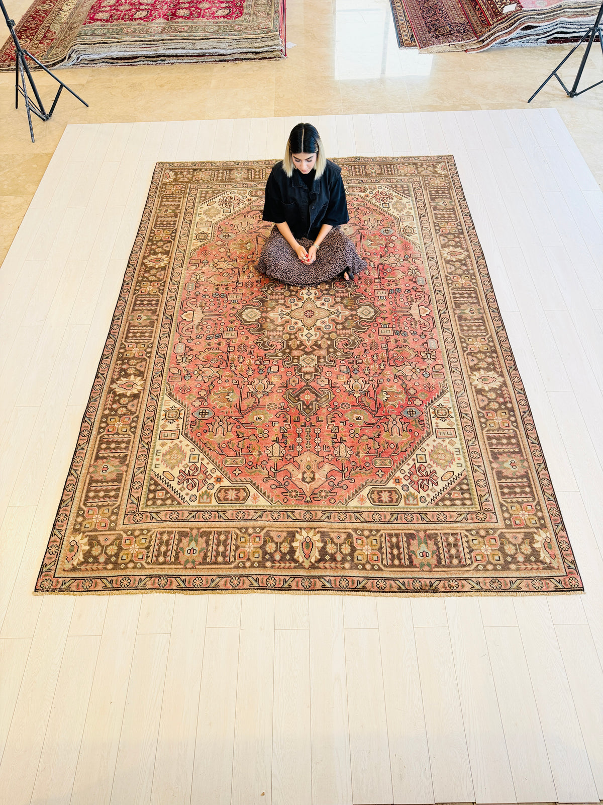 Vintage Faded rust red and navy Geometric Rug – 11' 2" x 7' 9" (340 x 237 cm)