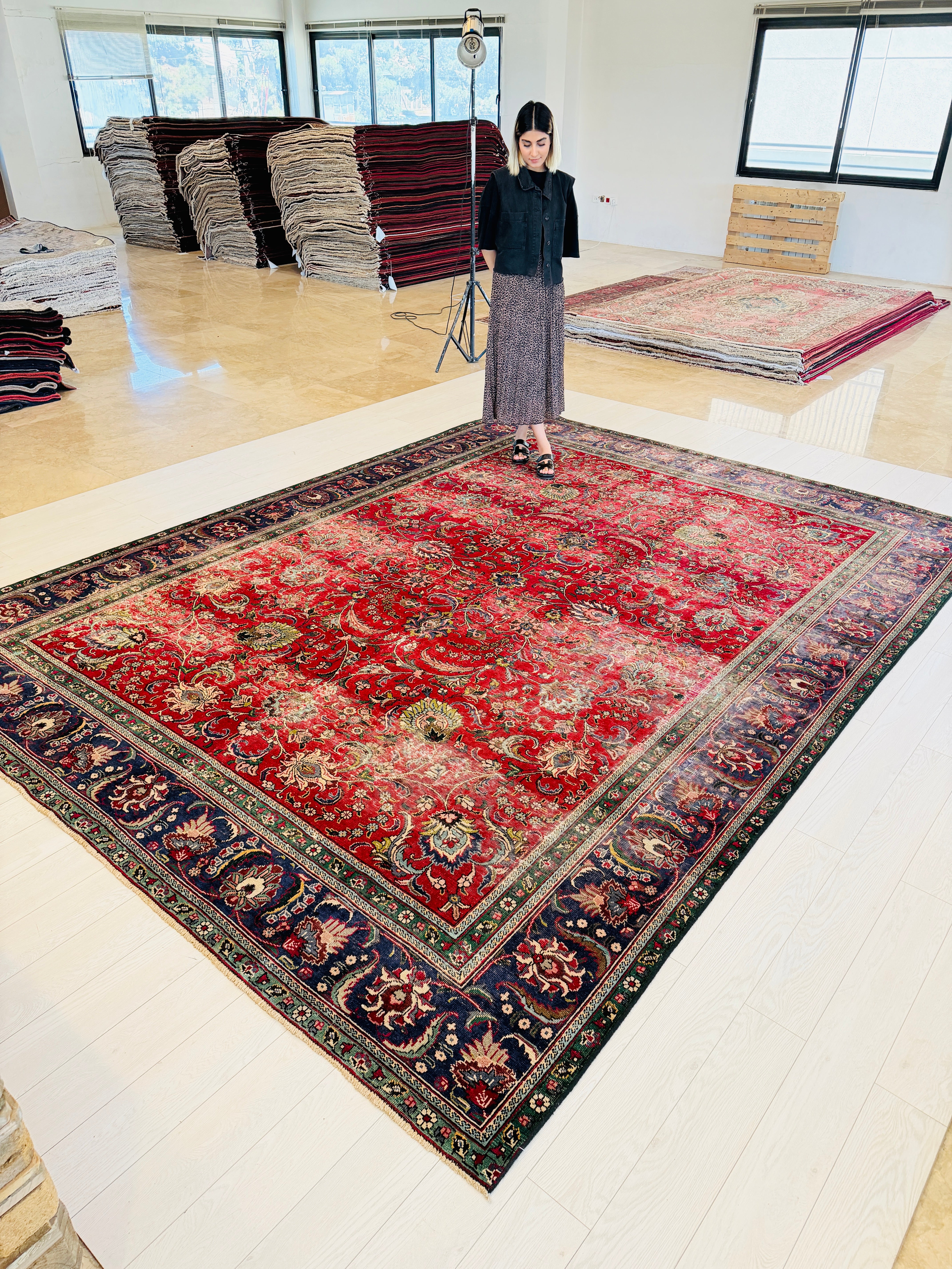 Collectible Vintage Red and navy Allover Rug – 12' 5" x 9' 6" (379 x 289 cm)