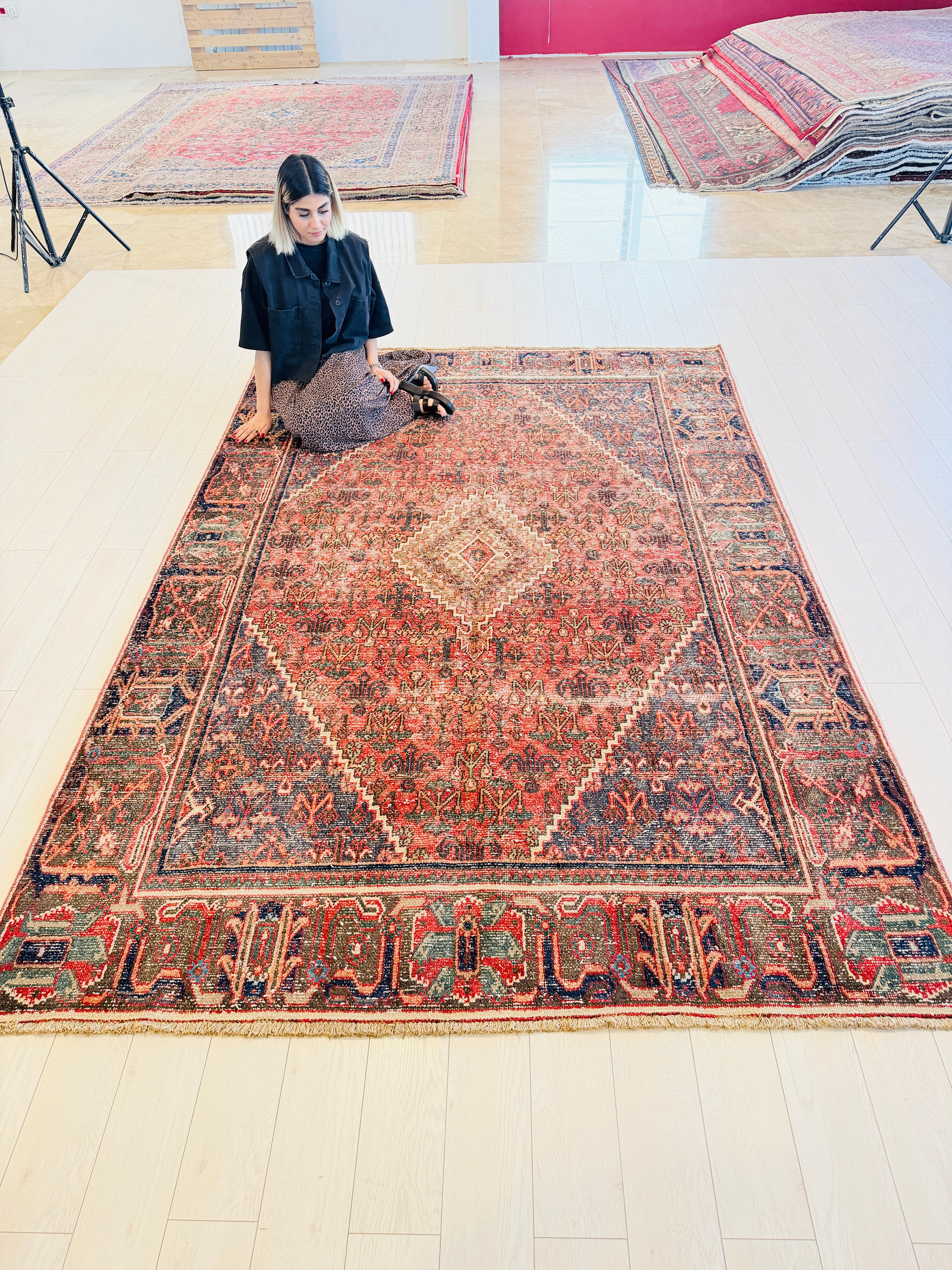 Vintage Faded red and blue Traditional Rug – 9' 5" x 6' 4" (288 x 194 cm)