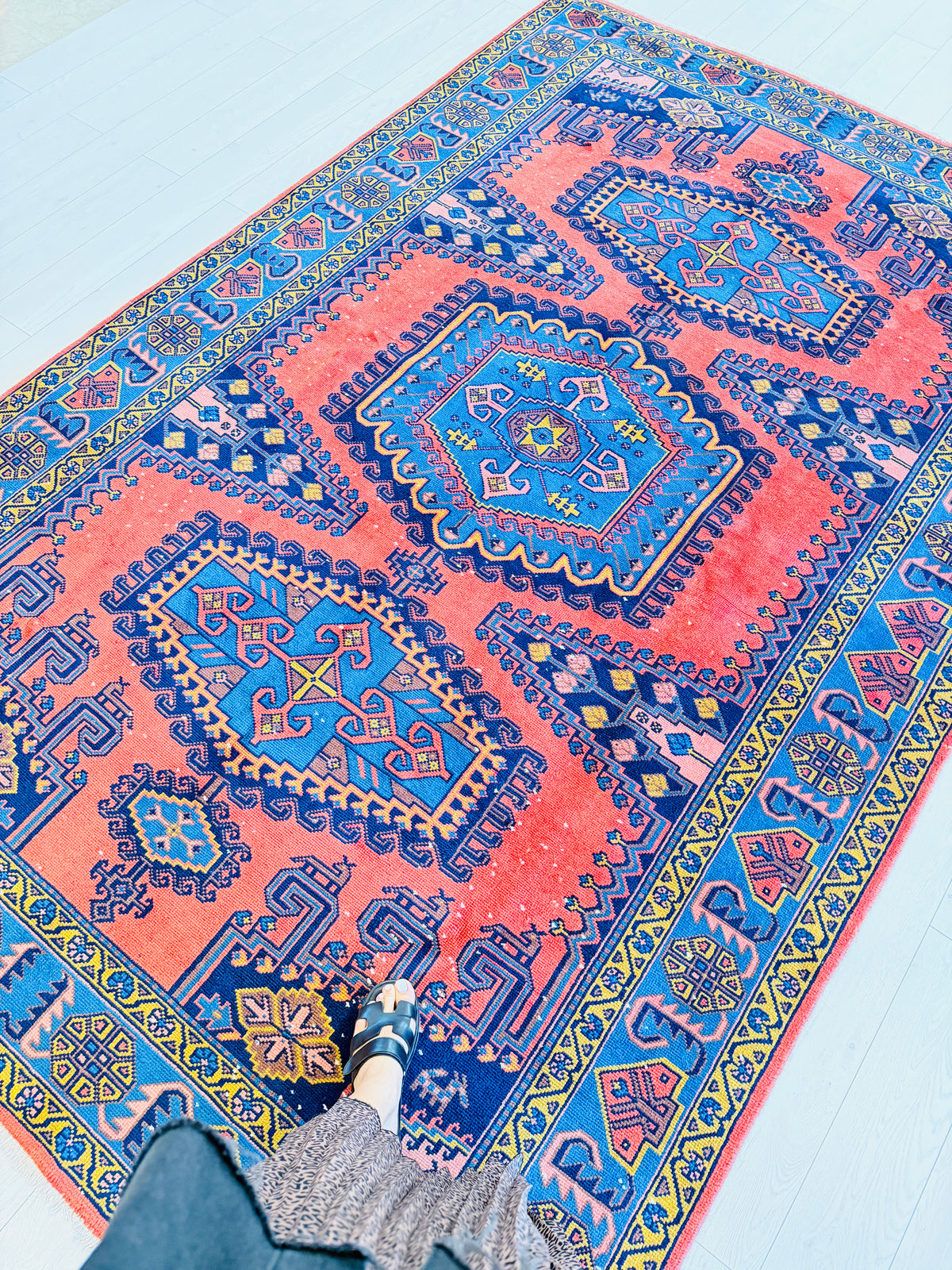 Collectible Vintage Orange-red and blue Geometric Rug – 10' 1" x 6' 6" (308 x 198 cm)