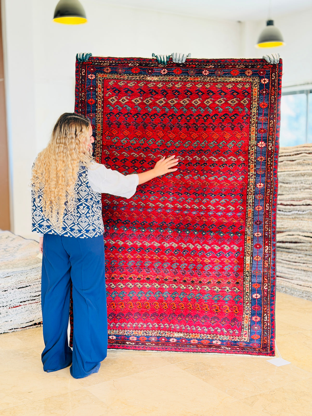 Collectible Vintage Red, Navy Blue Allover Geometric Area Rug – 6' 1" x 4' 4" (186 x 131 cm)