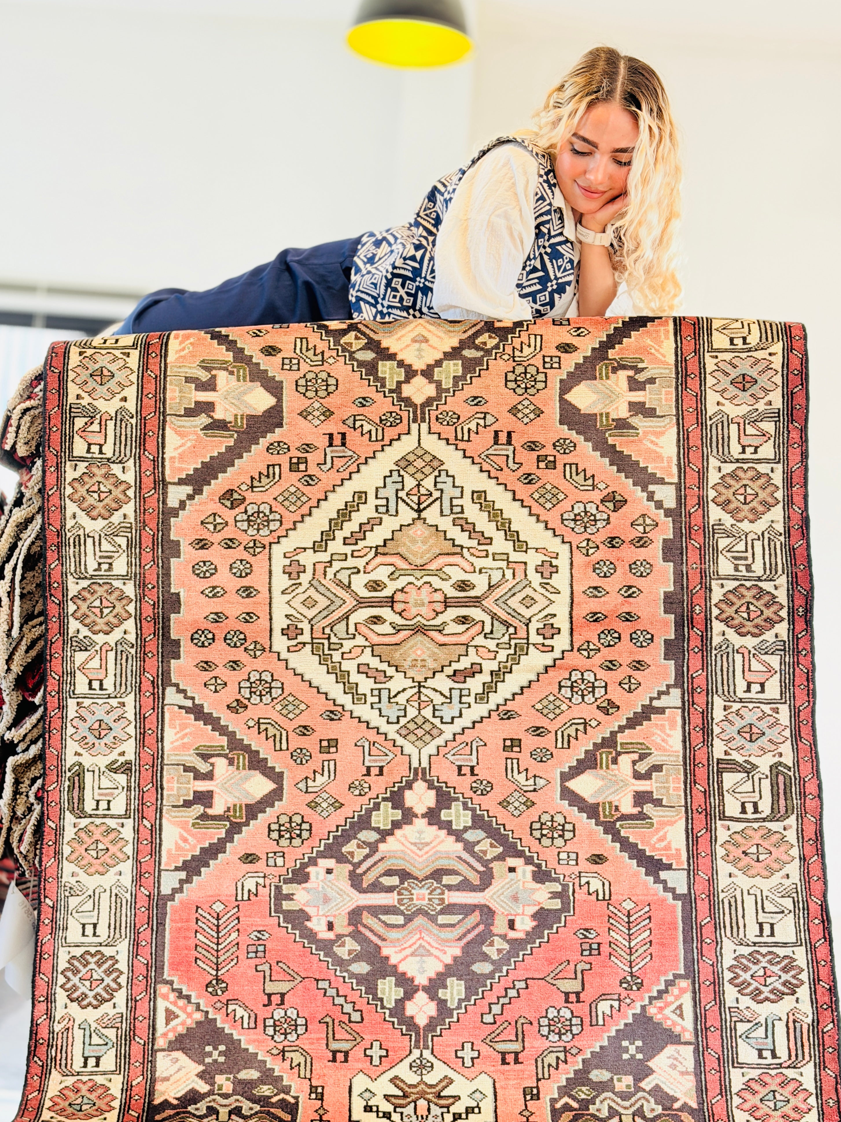 Collectible Vintage Coral Red, Beige Triple Medallion Area Rug – 6' 9" x 4' 1" (206 x 124 cm)