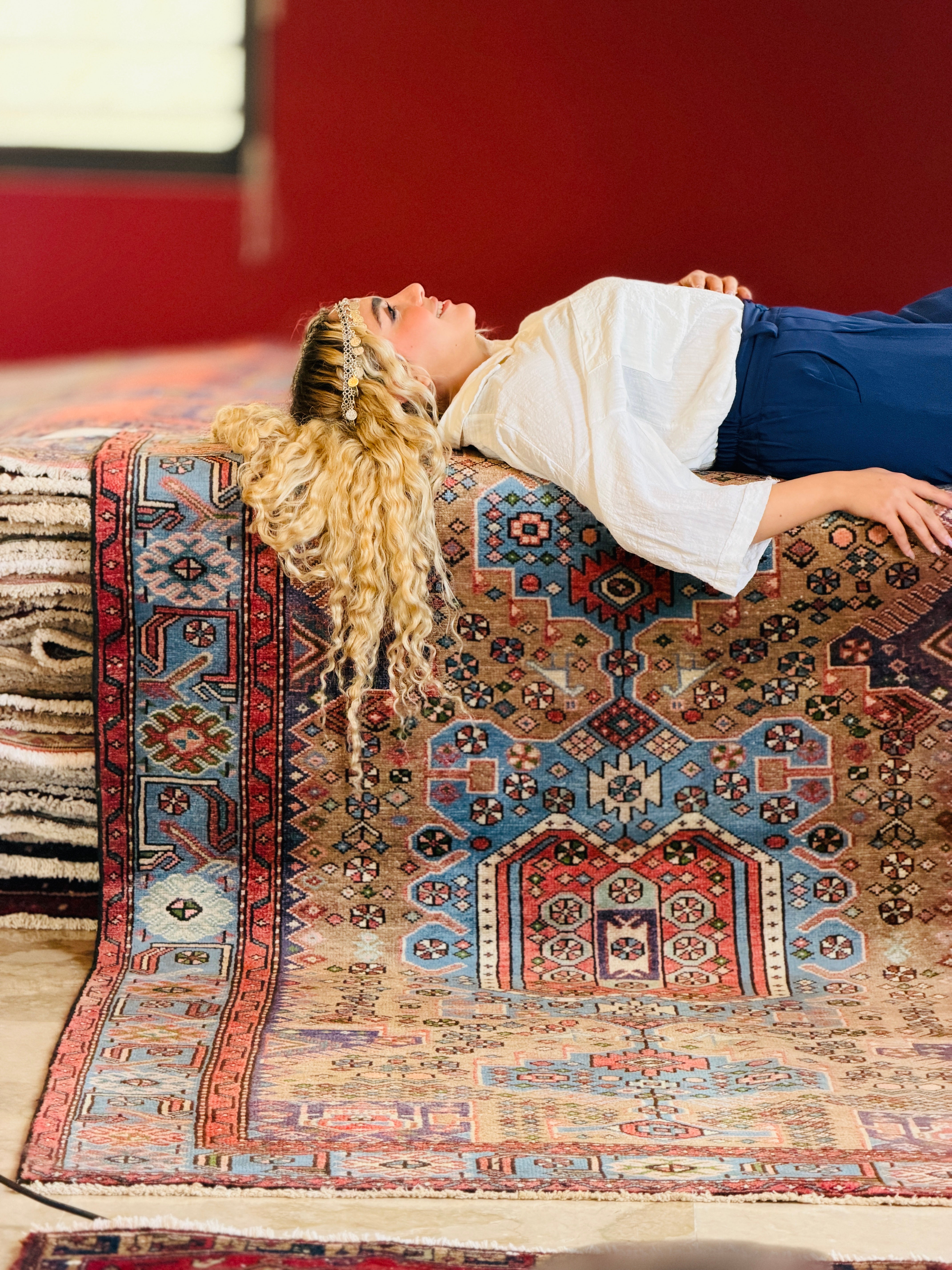 Collectible Vintage Brown, Turquoise Blue Geometric Medallion Area Rug – 6' 5" x 4' 4" (196 x 131 cm)