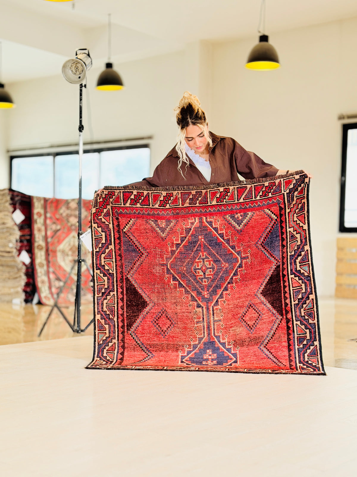 Collectible Vintage Rust Red, Navy Blue Abstract Geometric Square Rug – 4' 2" x 4' 3" (127 x 130 cm)