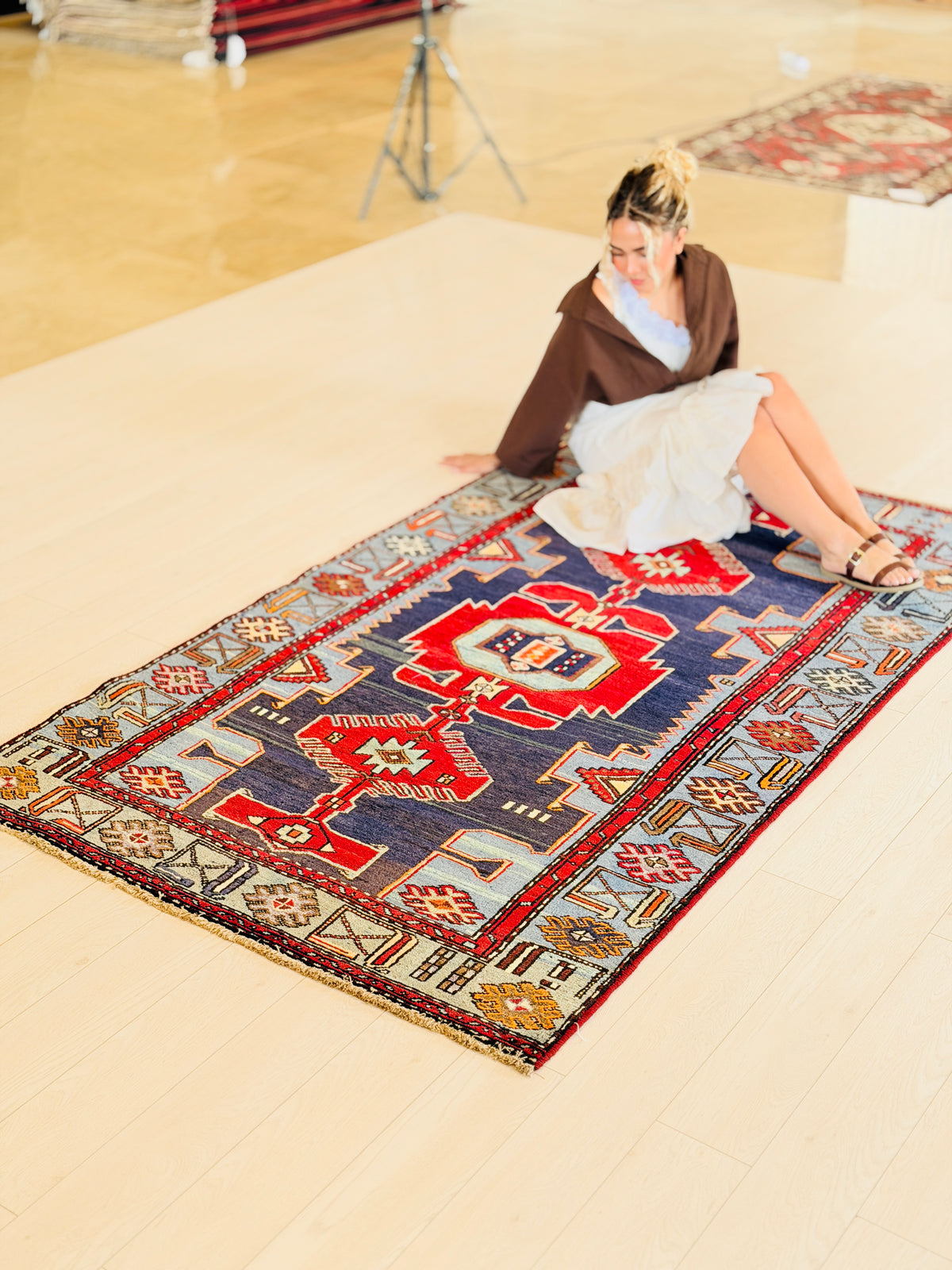 Collectible Vintage Red, Navy Blue Triple Medallion Area Rug – 7' 1" x 4' 2" (216 x 127 cm)