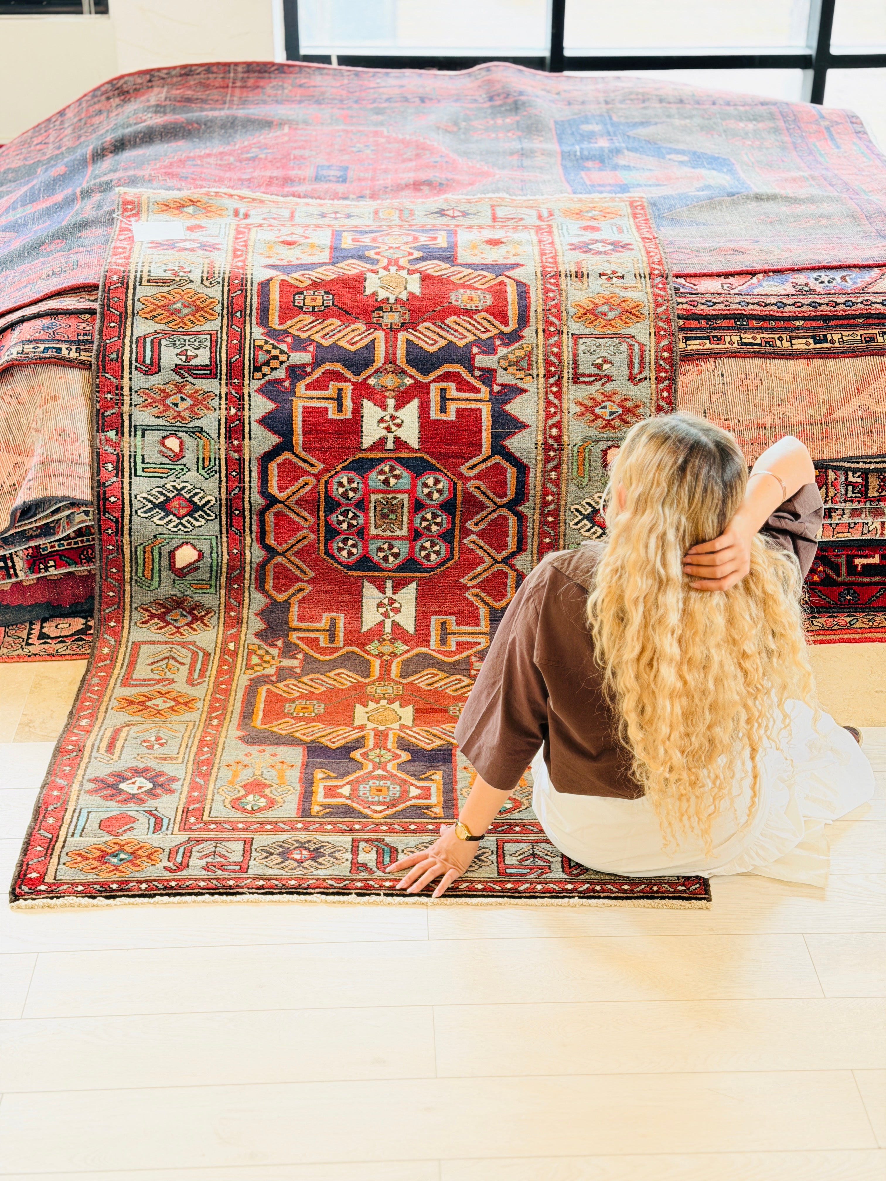 Collectible Vintage Red, Navy Blue Geometric Medallion Area Rug – 6' 10" x 3' 11" (209 x 120 cm)