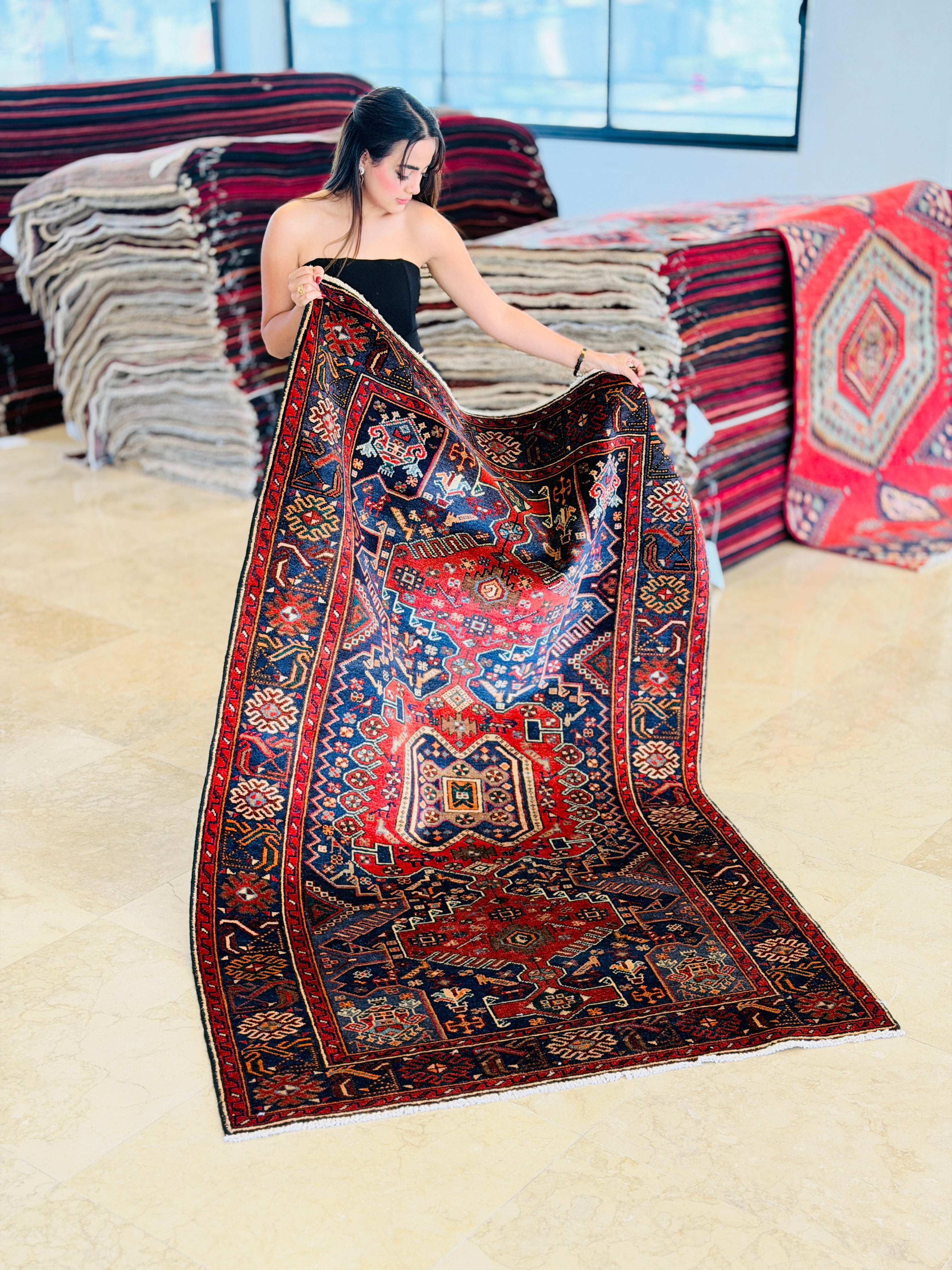 Collectible Vintage Red, Navy Blue Geometric Medallion Area Rug – 6' 8" x 4' 1" (203 x 124 cm)